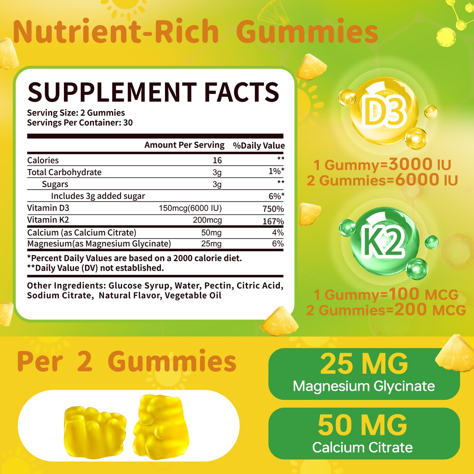Gommes Esverco D3 K2, texture et goût d'ananas agréables pour la routine.