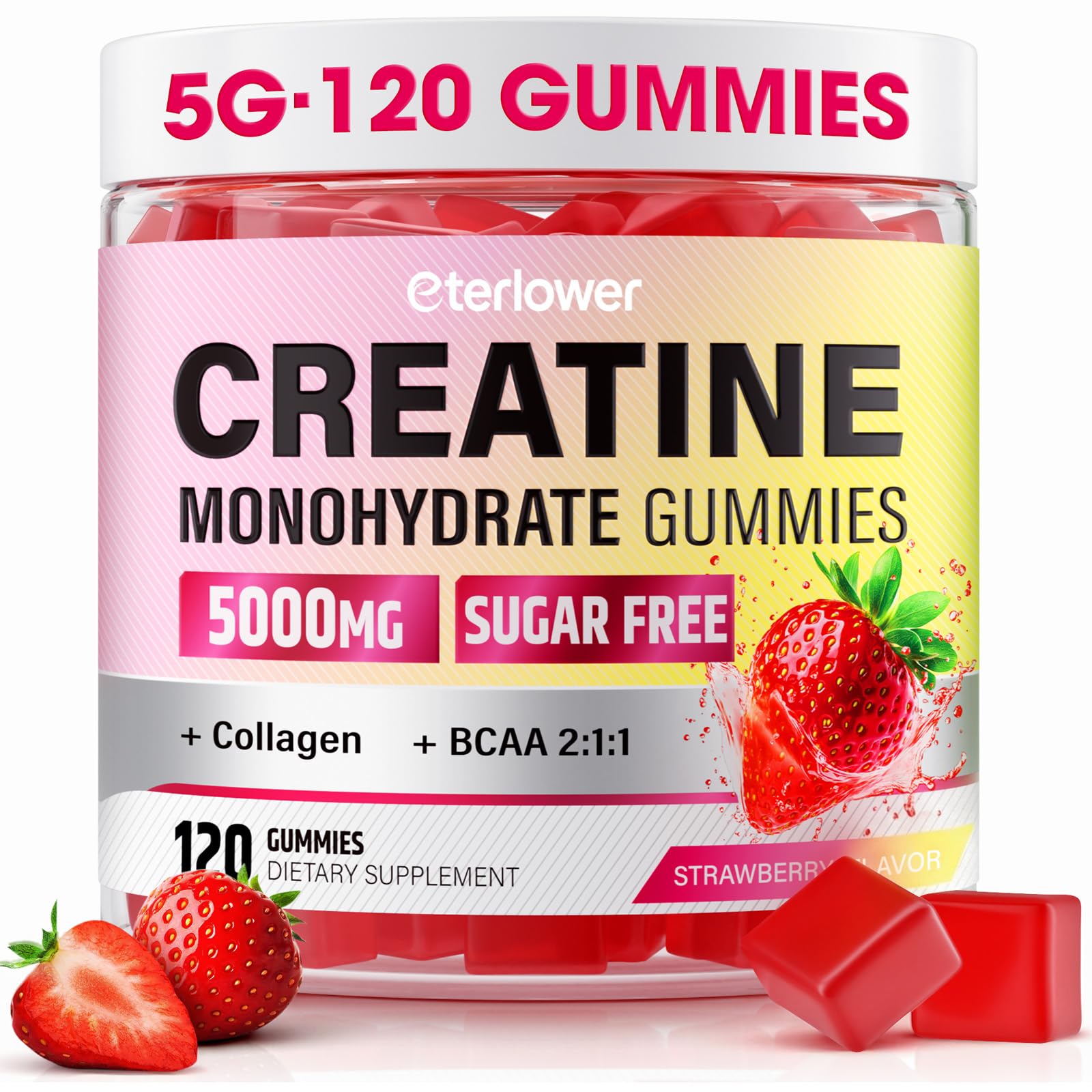 Gomme créatine eterlower fraise dans l'emballage, pratique au quotidien.
