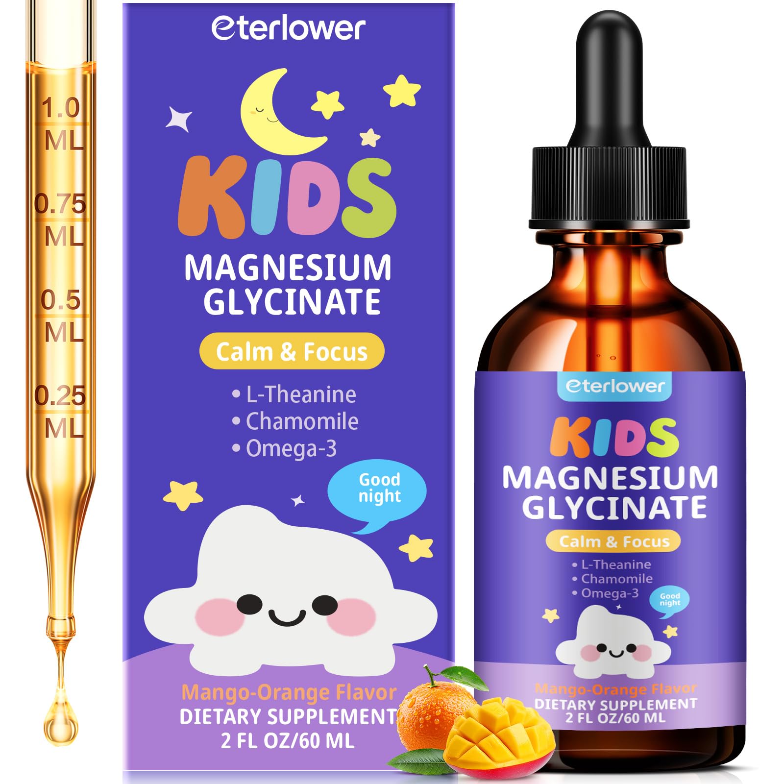 eterlower gouttes magnesium enfant orange mango sur bouteille, soutien calme et concentration