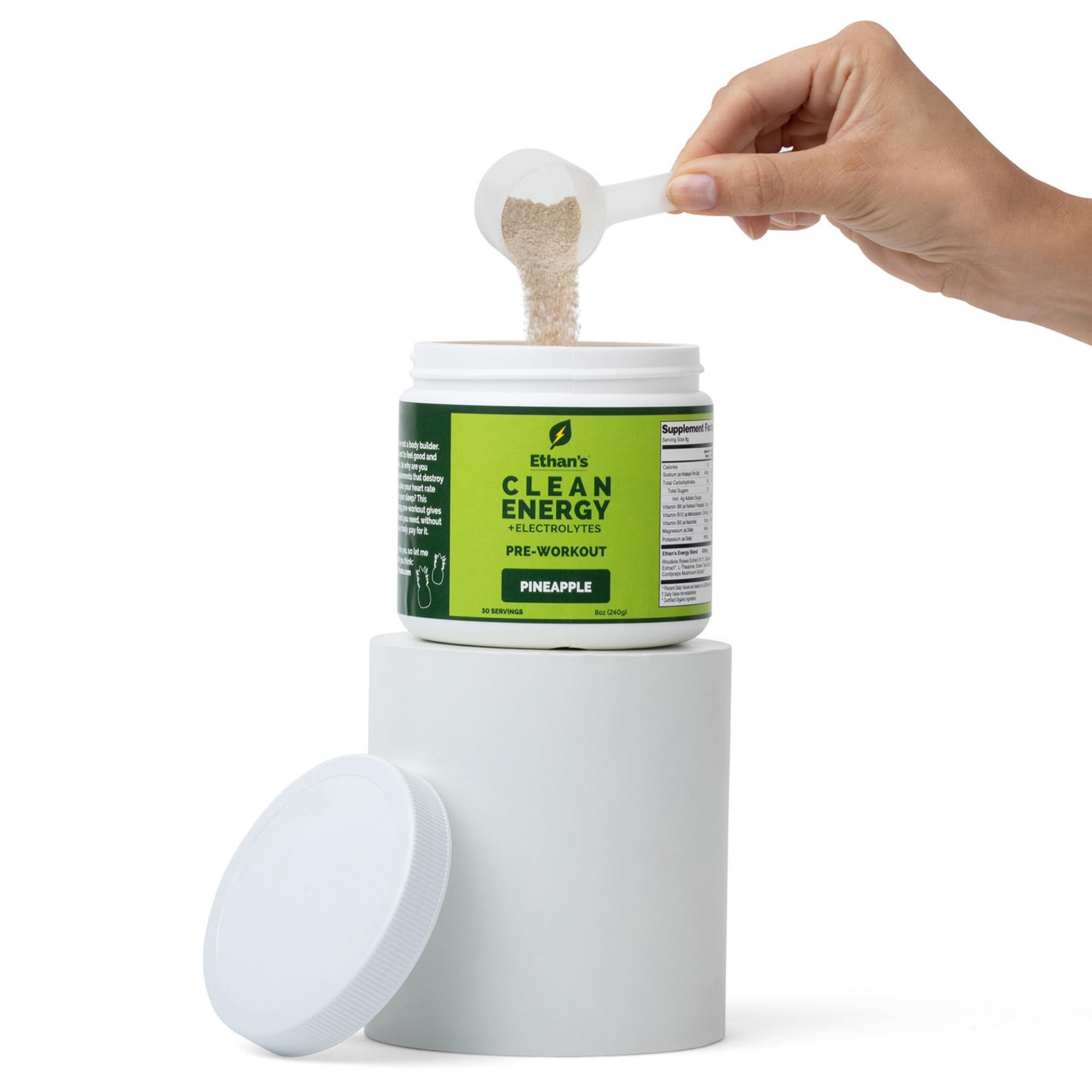Éthan's Bien-être Pré-entraînement: ingrédients guayusa et cordyceps pour énergie durable.