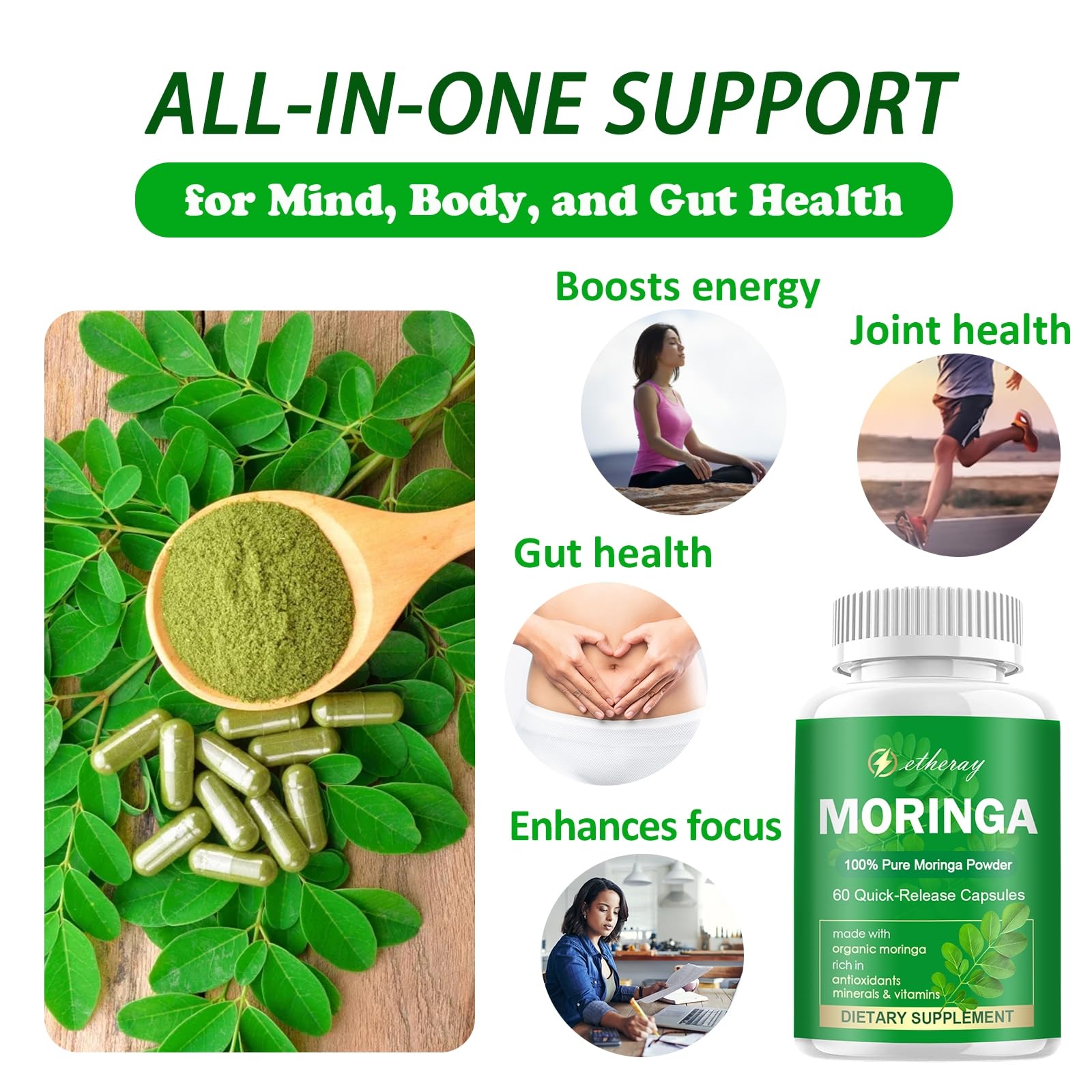 Etheray bouteille gélules moringa vert: pratique et facile à intégrer.