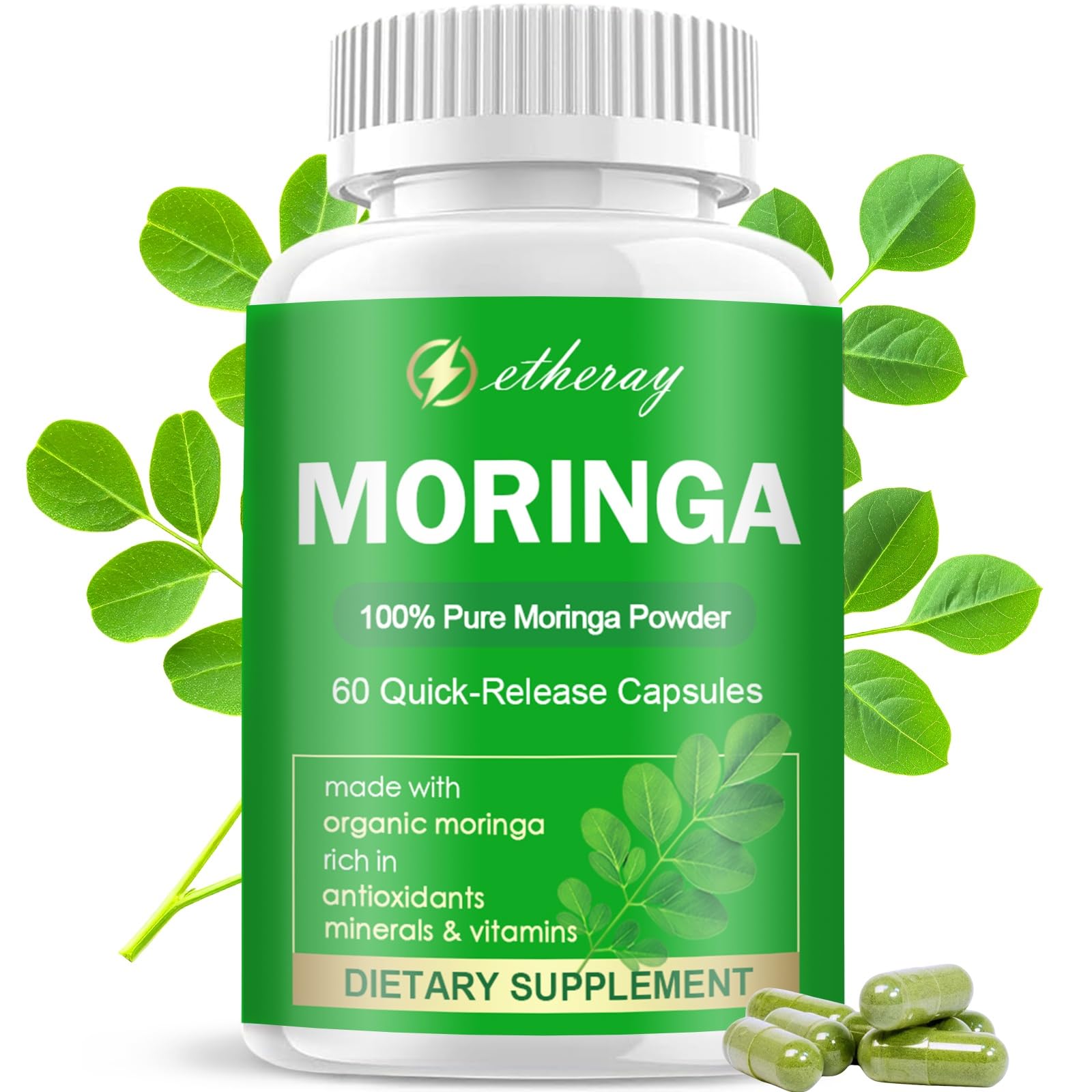 Etheray gélules moringa pur 800 mg par portion, soutien antioxydant quotidien.