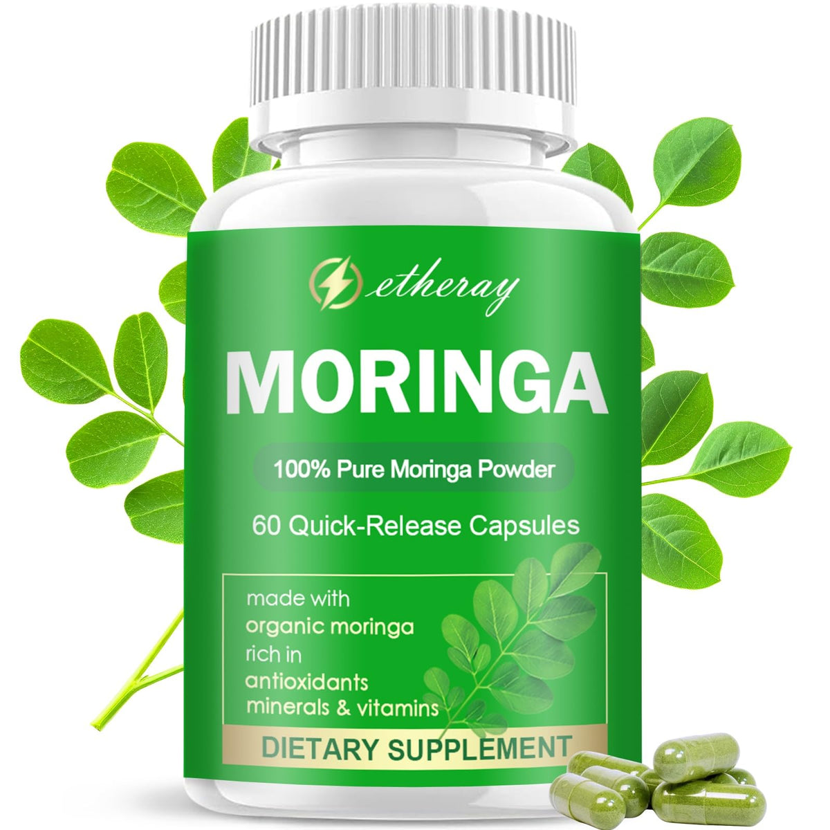 Etheray gélules moringa pur 800 mg par portion, soutien antioxydant quotidien.
