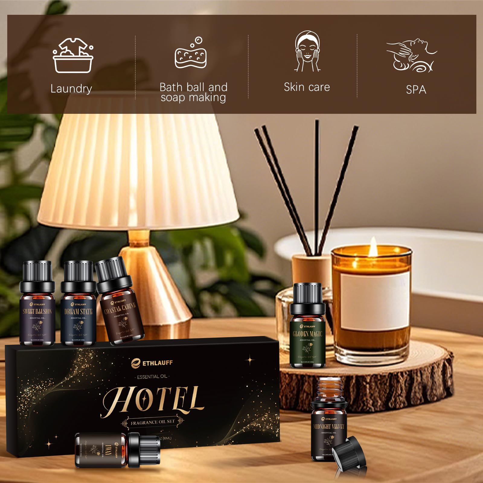 Ethlauff: coffret luxe huiles-diffuseur, cadeau élégant et raffiné.