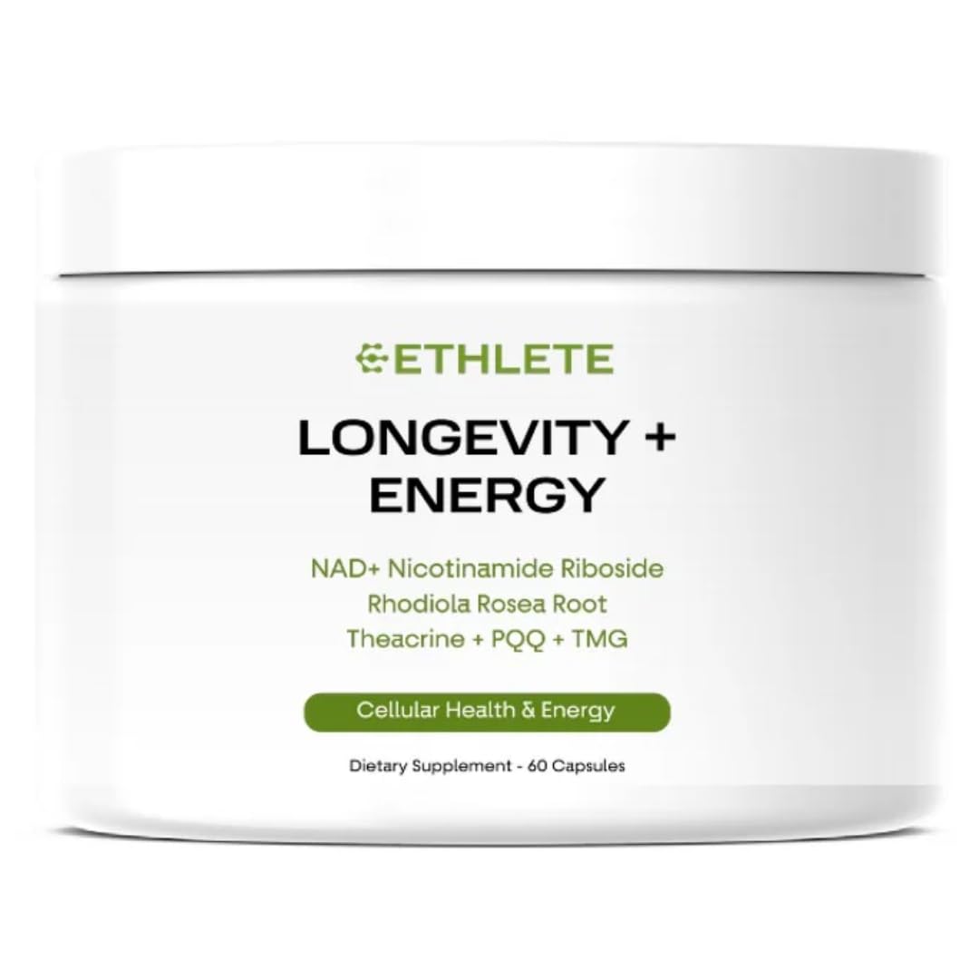 Ethlete NAD+ Longevity, bouteille de capsules, énergie durable tout au long de la journée
