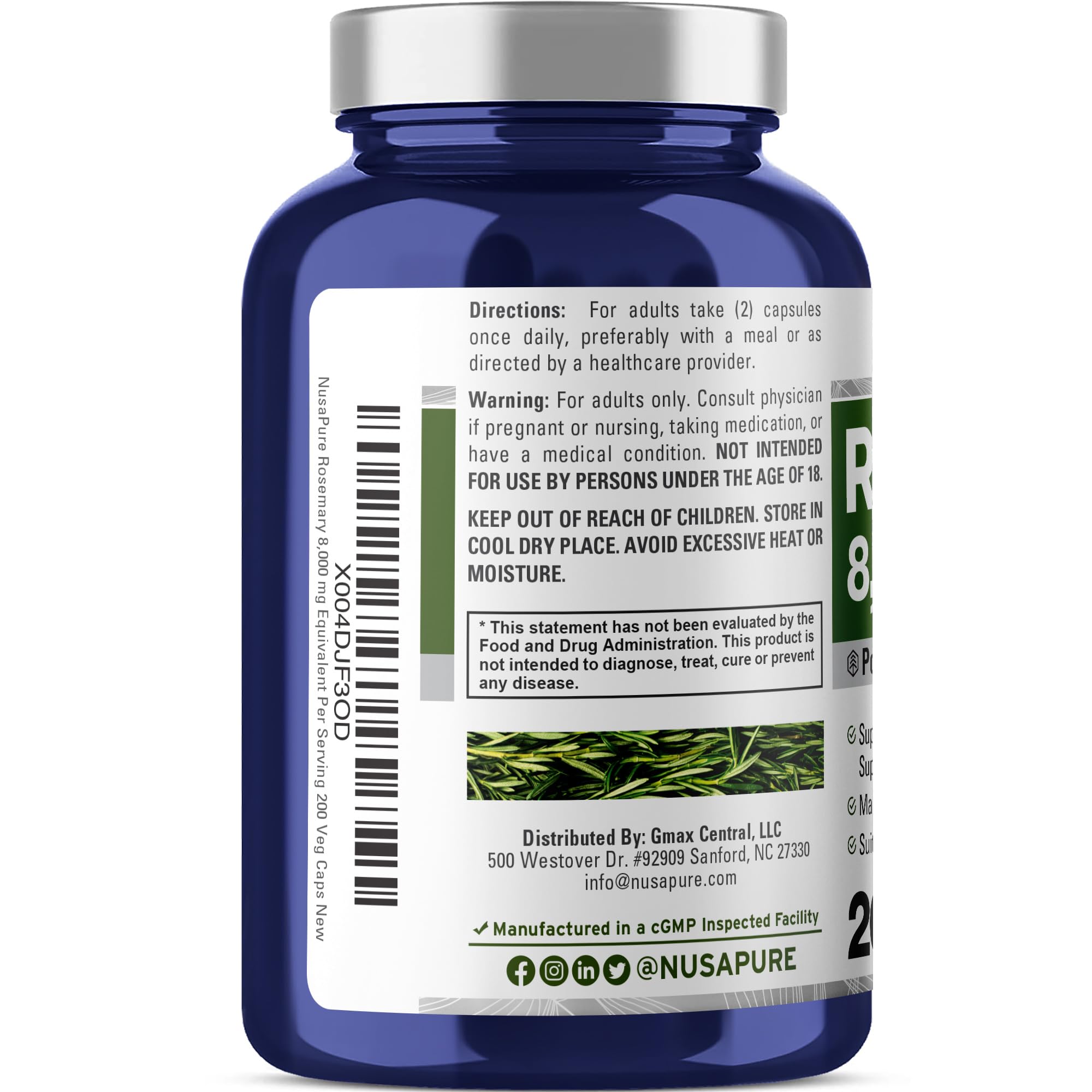 Étiquette NusaPure romarin, transparence du produit et certification sans OGM.