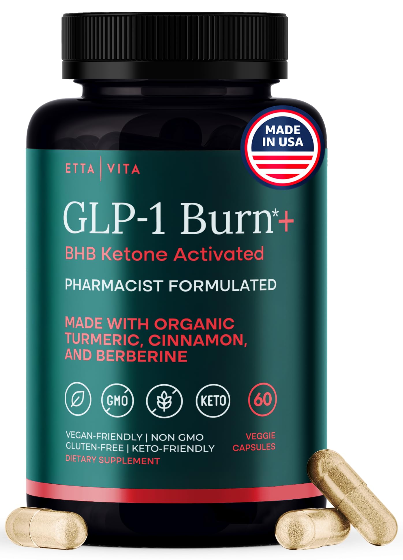 Etta Vita GLP-1 gelules packshot montrant l'emballage et les capsules, soutien potentiel de l'appétit.
