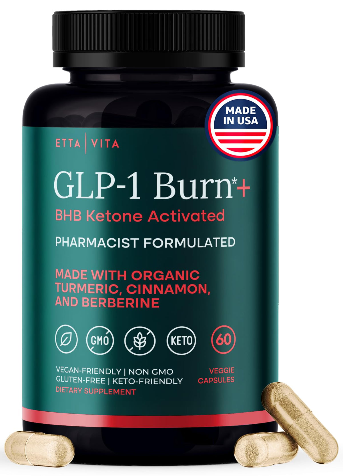 Etta Vita GLP-1 gelules packshot montrant l'emballage et les capsules, soutien potentiel de l'appétit.