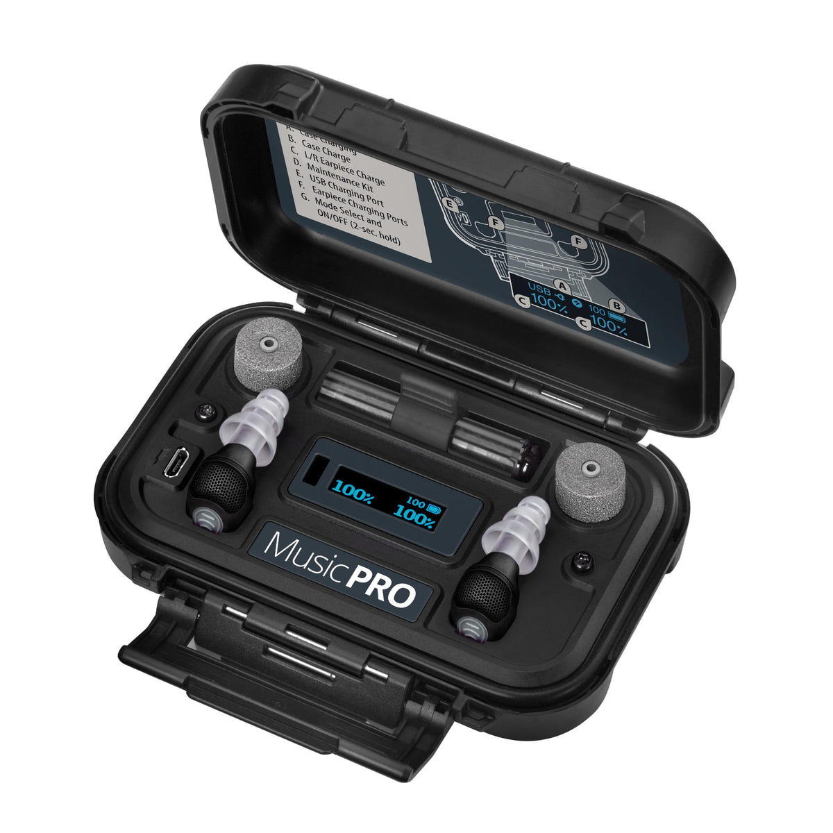 MusicPro Elite d'Étymotic dans son boîtier recharge étanche