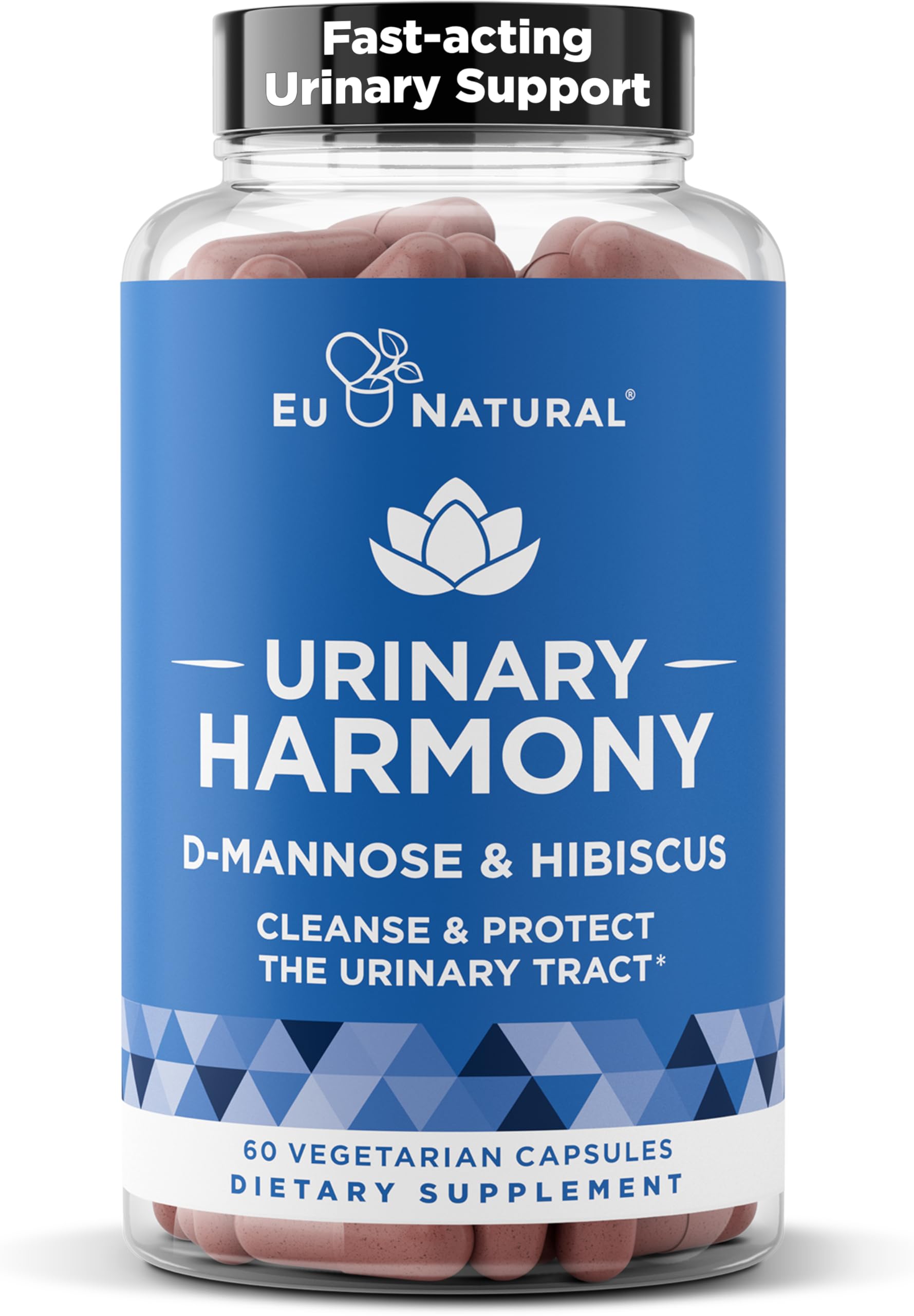 Eu Natural Urinary Harmony, bouteille contenant des capsules faciles à avaler, soutien potentiel des voies urinaires.