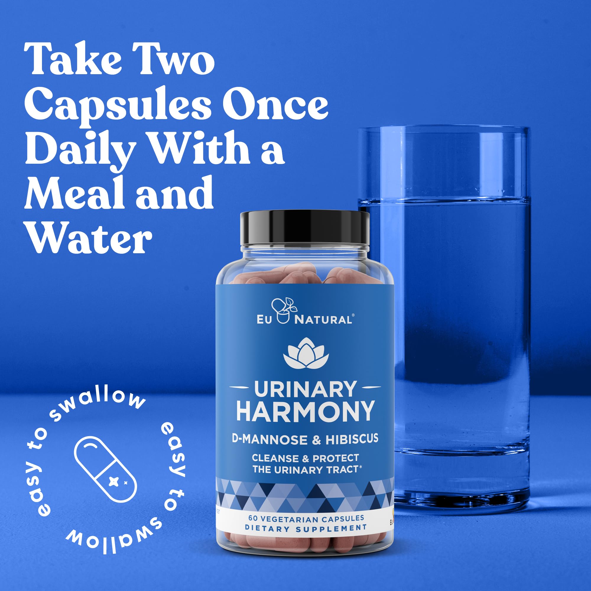 Dose quotidienne d'Eu Natural Urinary Harmony, deux capsules pour le soutien continu.