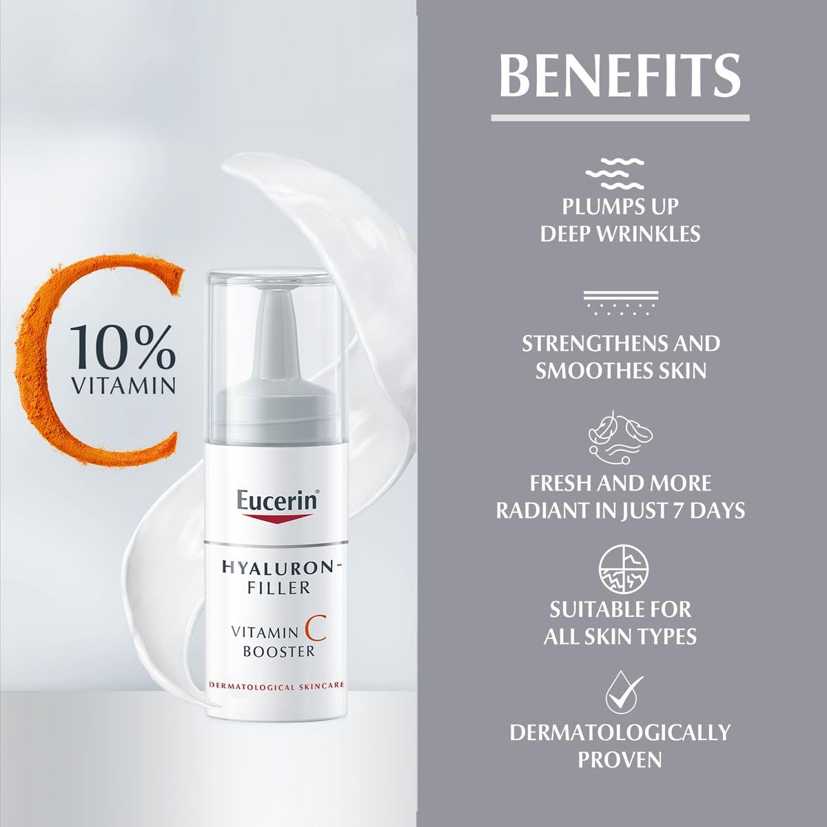 Eucerin Hyaluron-Filler Boosteur de vitamine C, application facile pour une base maquillage homogène.