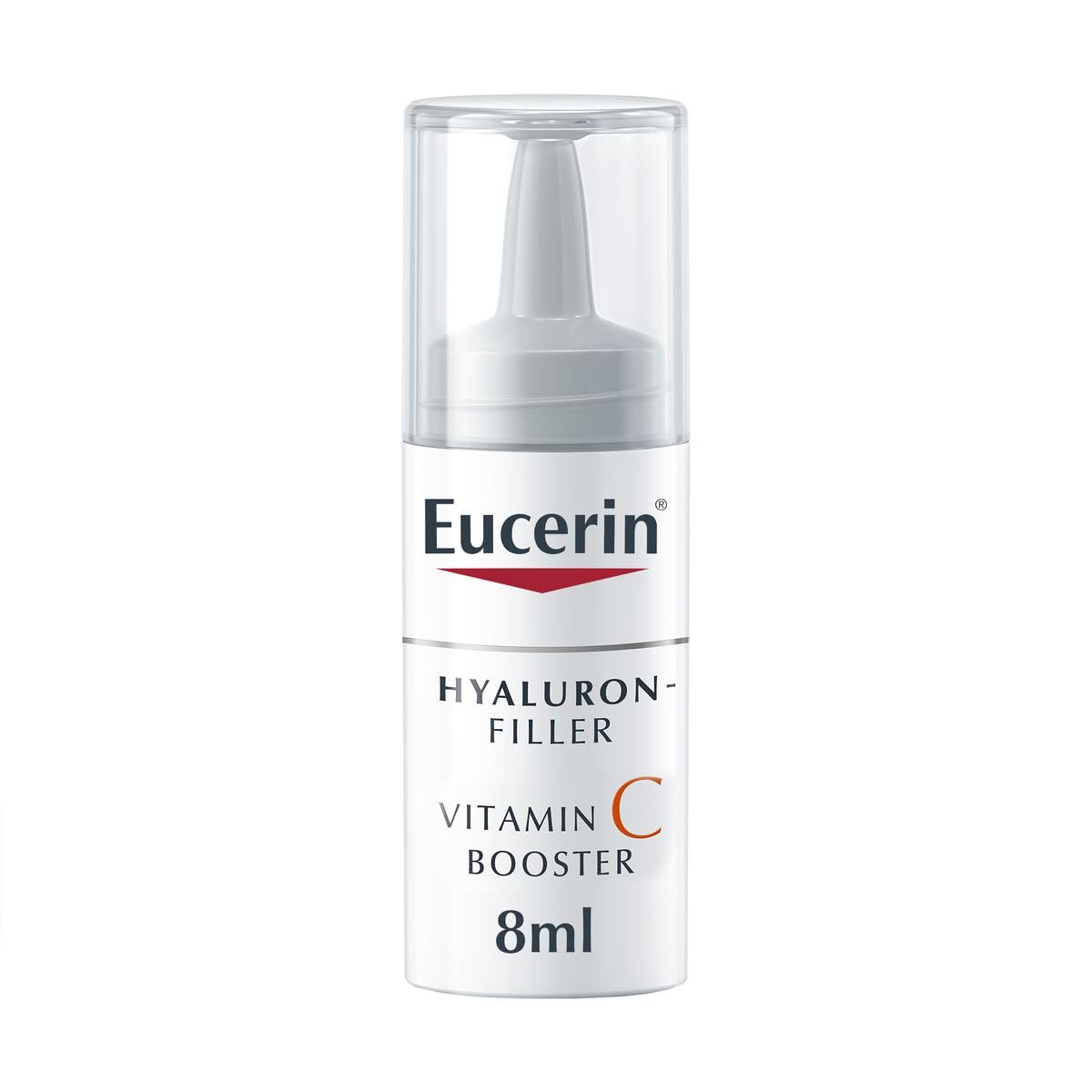 Eucerin Hyaluron-Filler Boosteur de vitamine C, flacon et texture légère pour un teint éclatant.