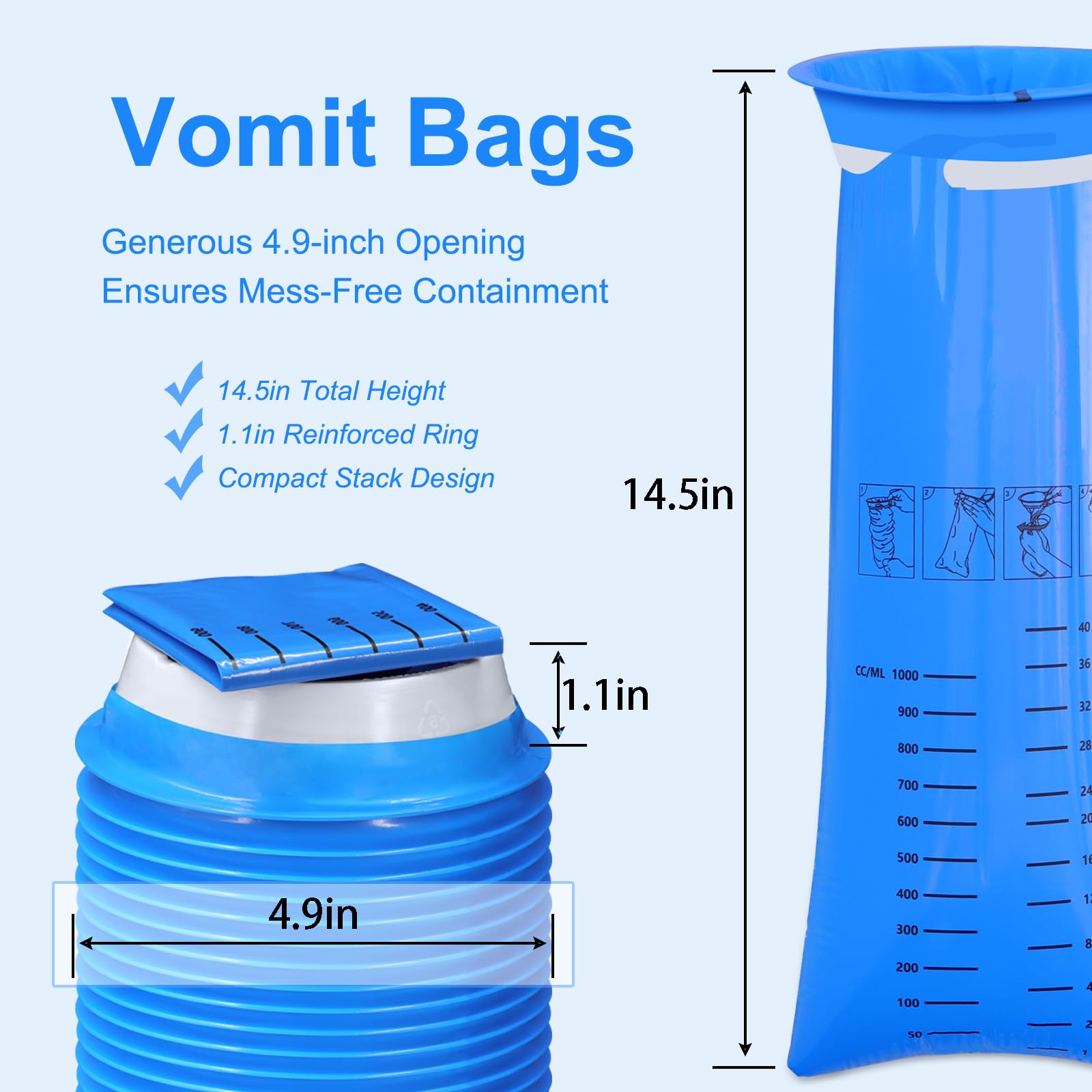 Sac-vomi portable EUKESTON bleu, se glisse facilement dans un sac.