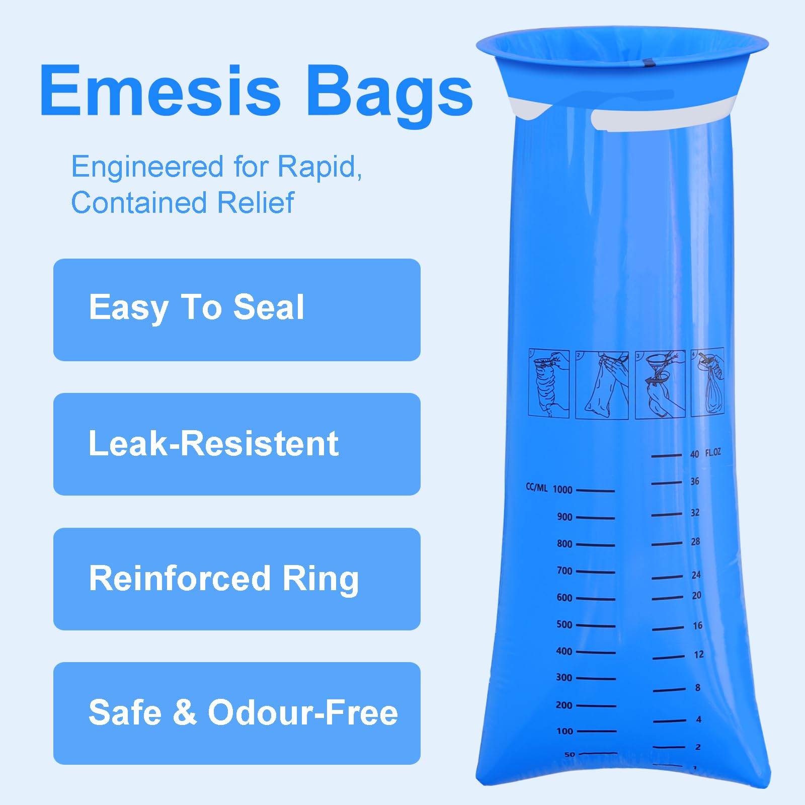 Sachets-vomi individuels emballés EUKESTON, hygiéniques et propres en déplacement.