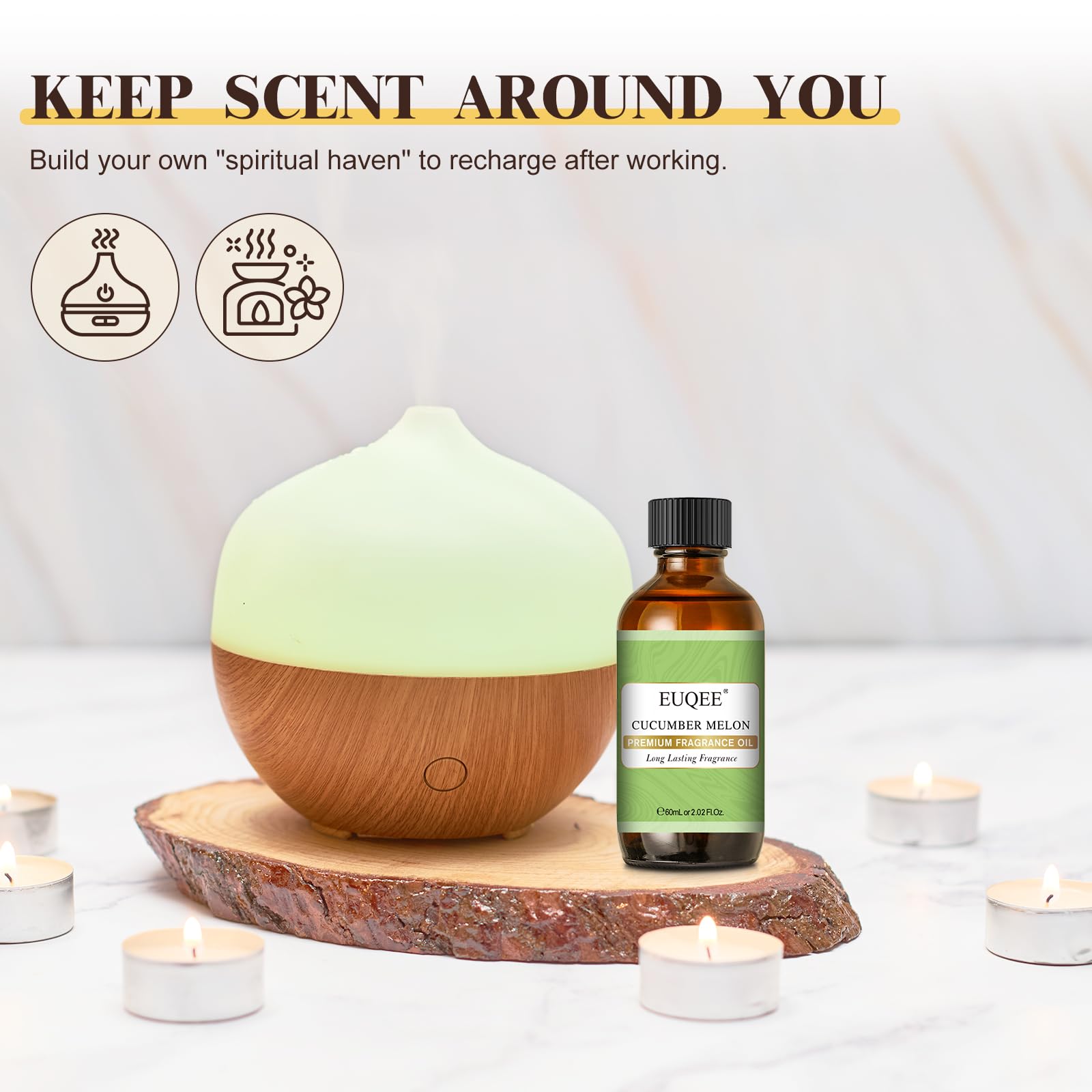 EUQEE huile parfum concombre melon, bougie artisanale, ambiance agréable et durable.