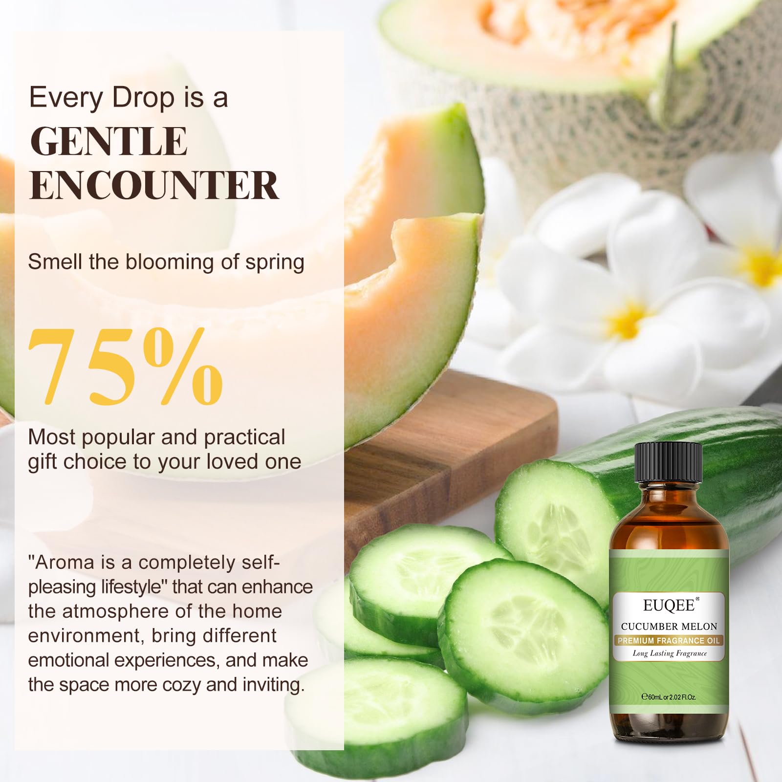 EUQEE huile parfum concombre melon, emballage soigné, produit prêt à l'emploi.