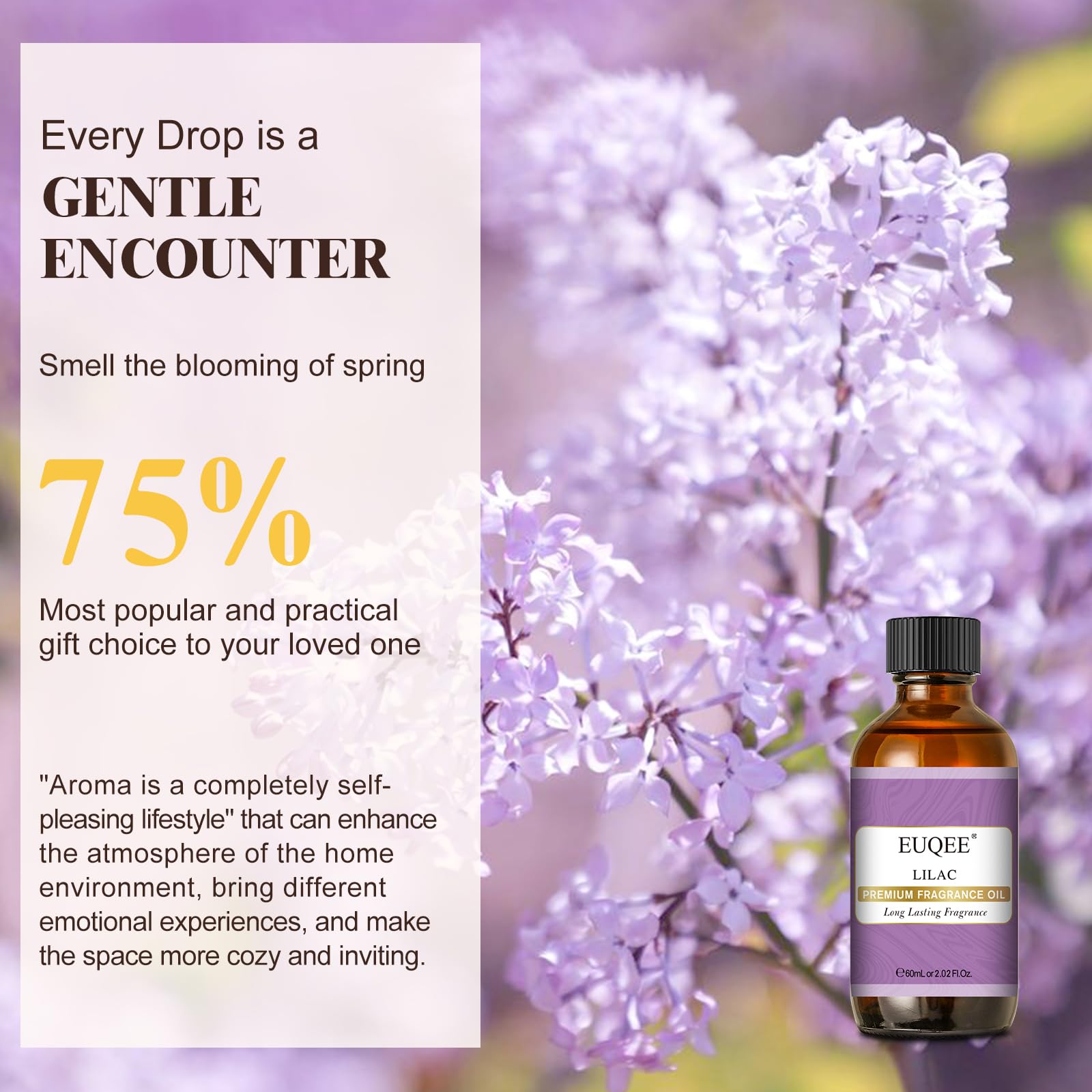 EUQEE huile lilas, intégrée dans bains et sels pour une expérience relaxante.