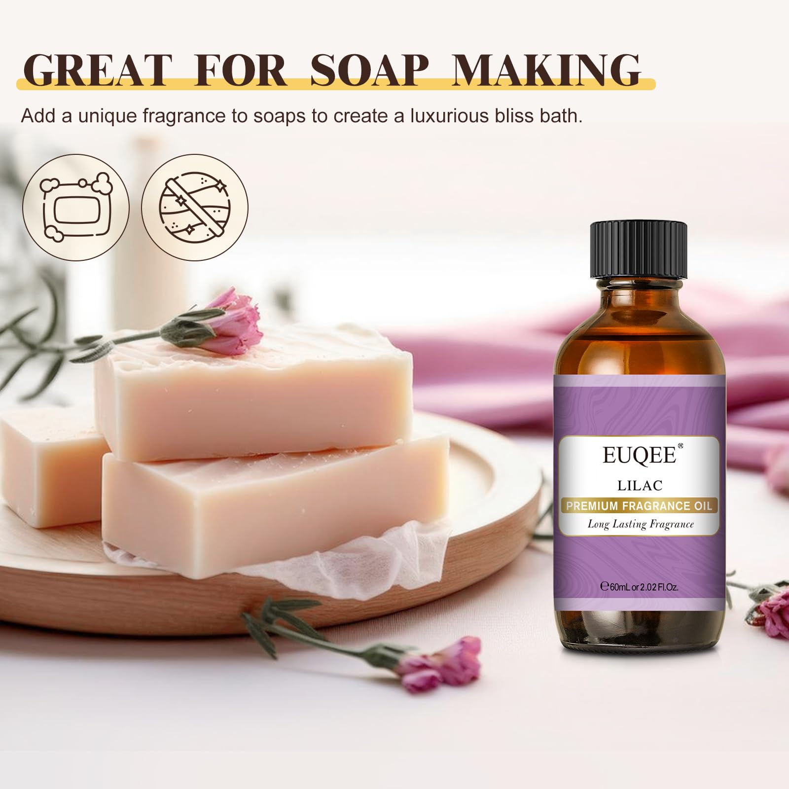 EUQEE huile lilas, usage savon et bain maison pour une ambiance florale.