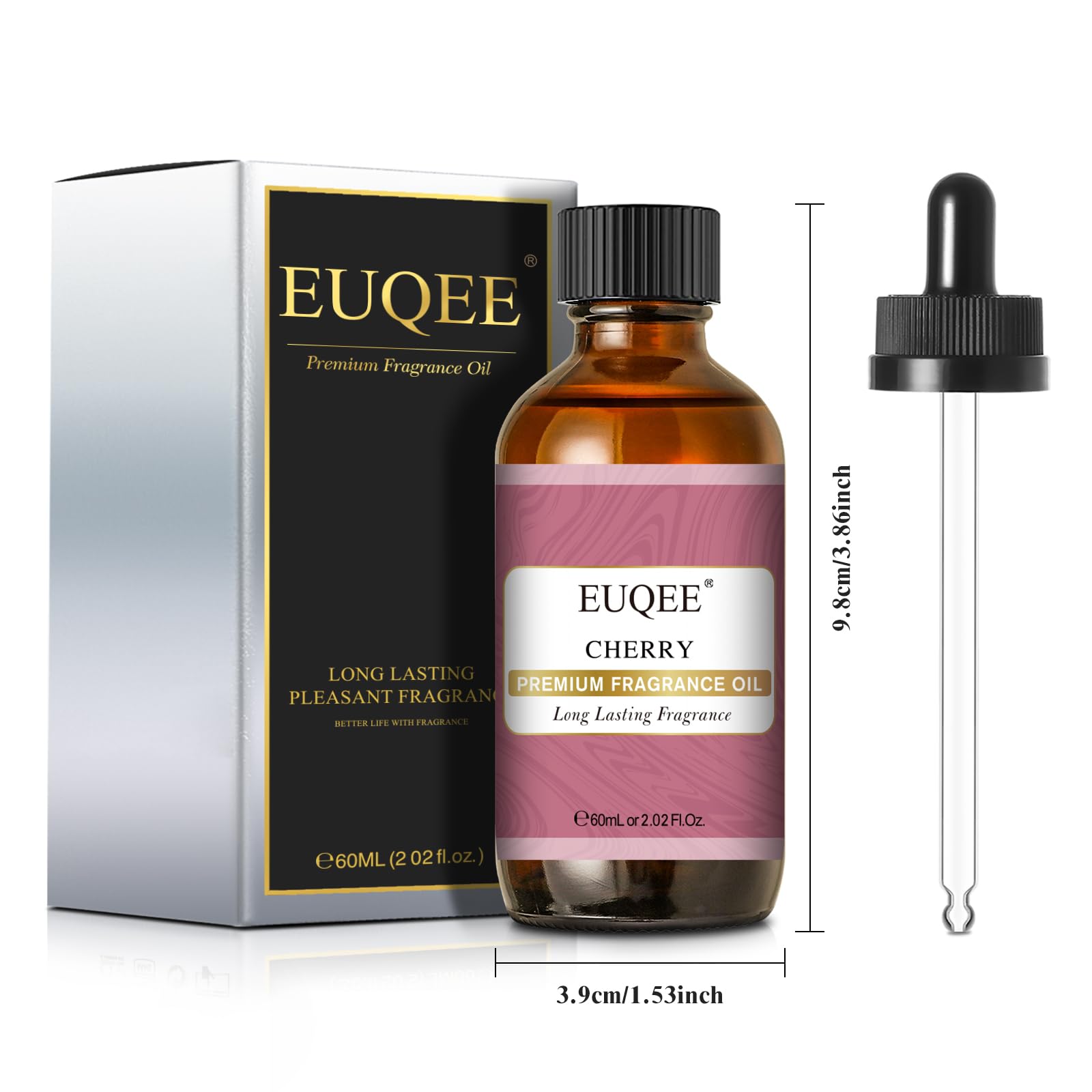 EUQEE huile parfum cerise emballage ambré, protection lumineuse.