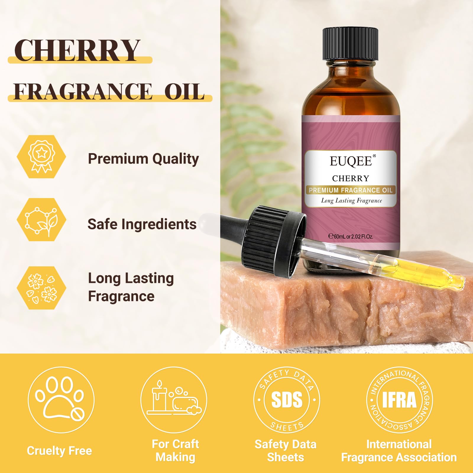 EUQEE huile parfum cerise avec pipette en verre, dosage précis pour fabrication maison.