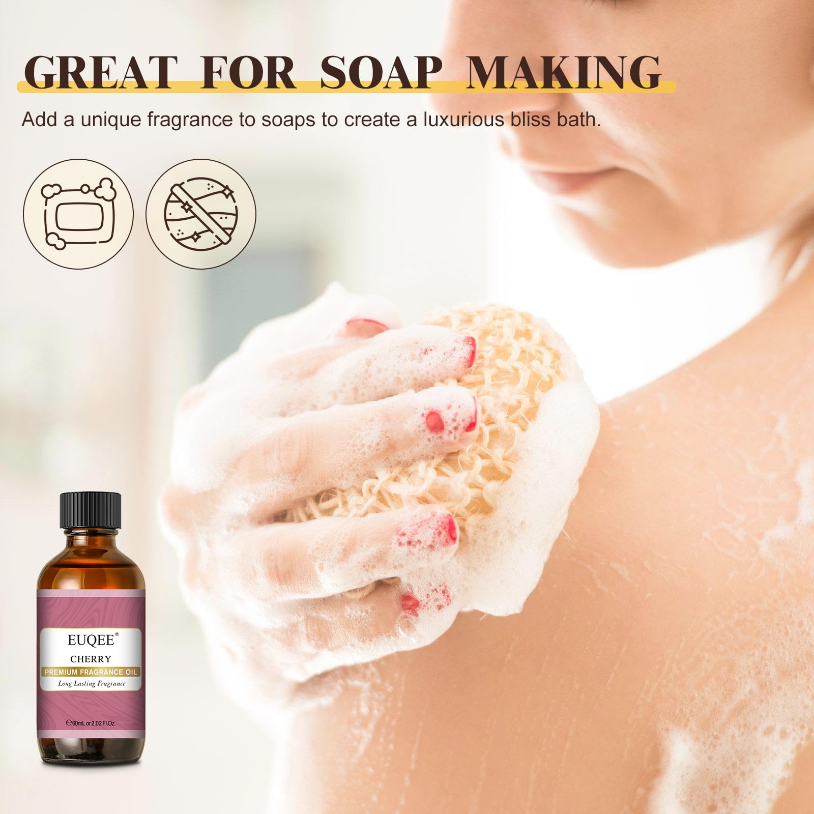 EUQEE huile parfum cerise pour soins corporels, expérience sensorielle.