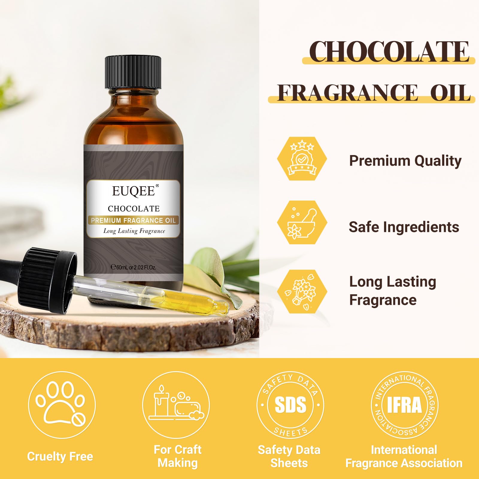EUQEE huile parfum chocolat – pipette en verre pour dosage précis et net.