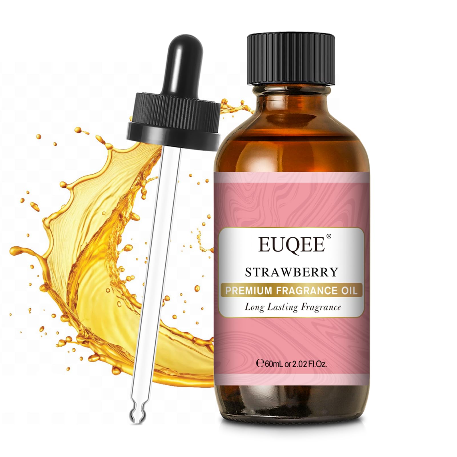 EUQEE huile parfum fraise dans flacon verre ambré pour diffusion durable.