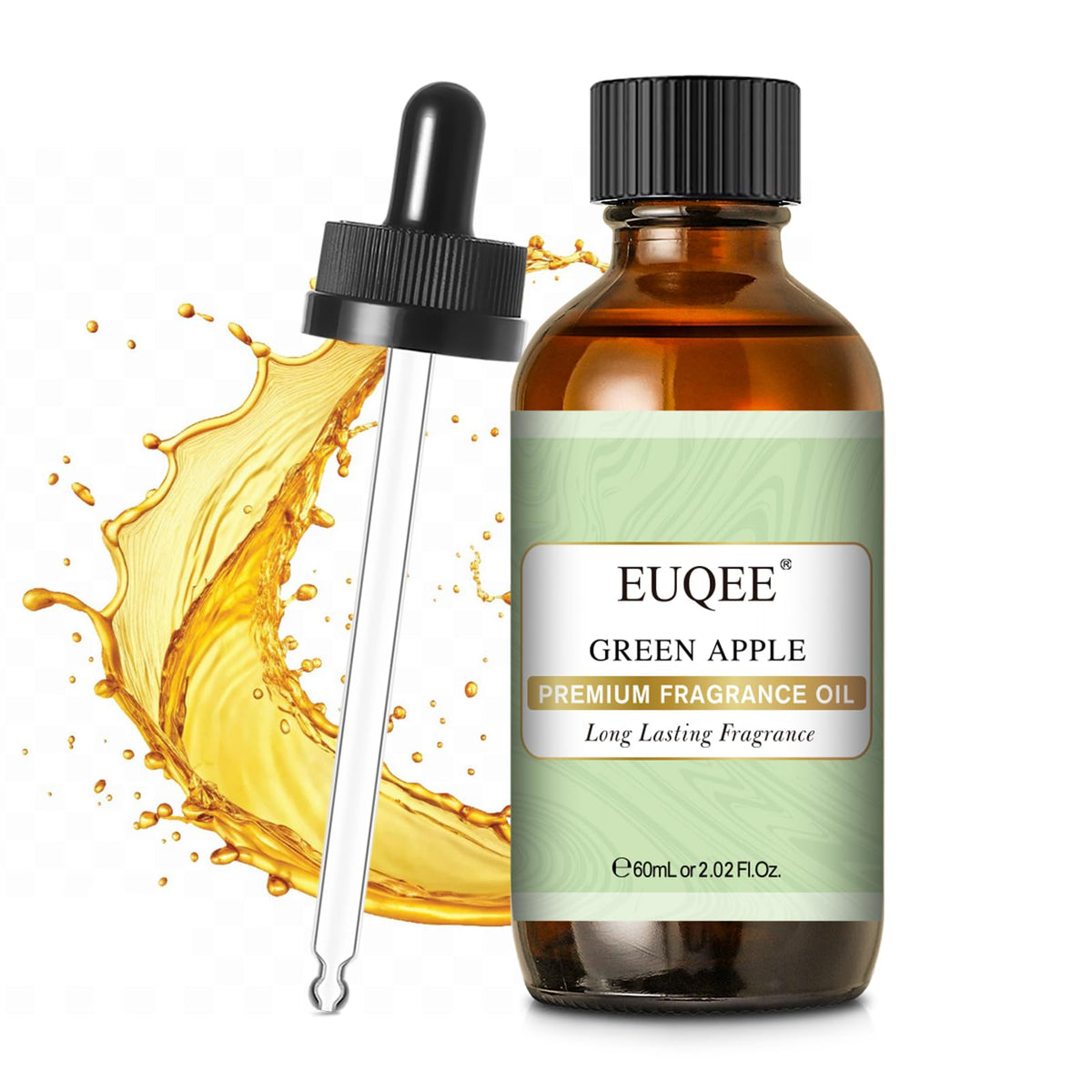 EUQEE huile parfum pomme verte, bouteille en verre ambré avec pipette pratique pour dosage précis.
