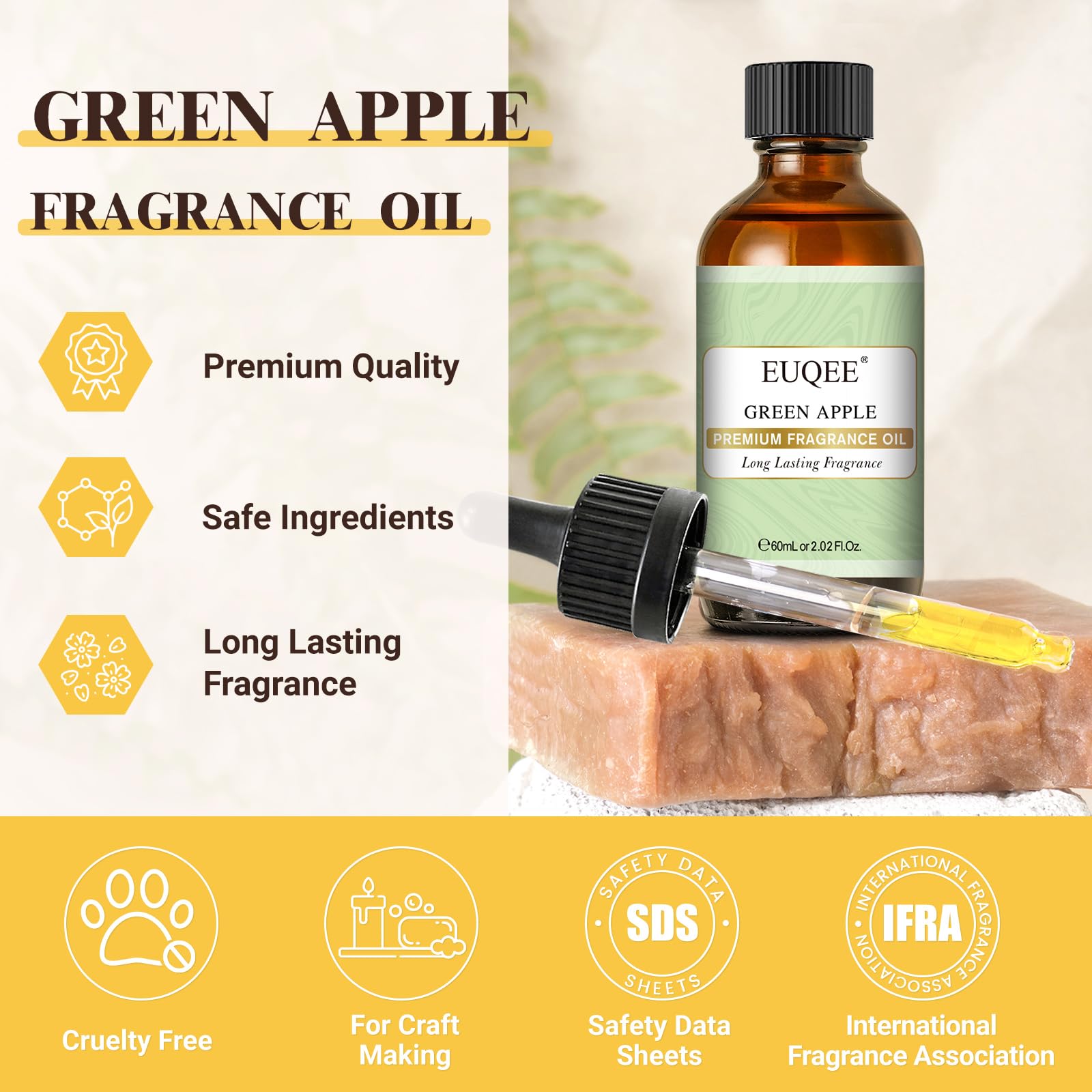 EUQEE huile parfum pomme verte, pipette intégrée facilite l'utilisation quotidienne.
