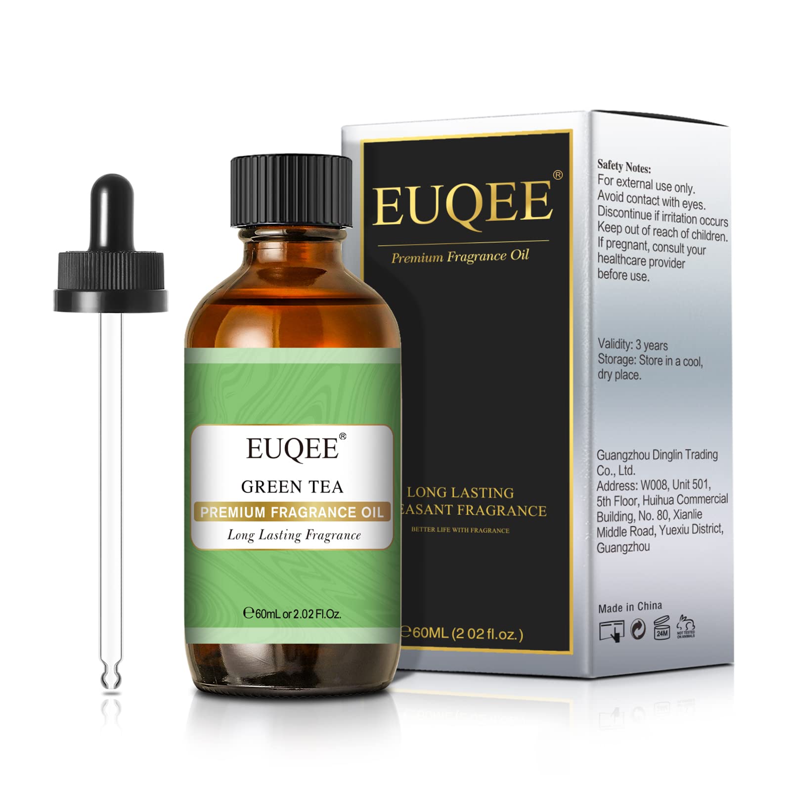 EUQEE huile parfum thé vert dans flacon ambré prêt pour diffusion durable.