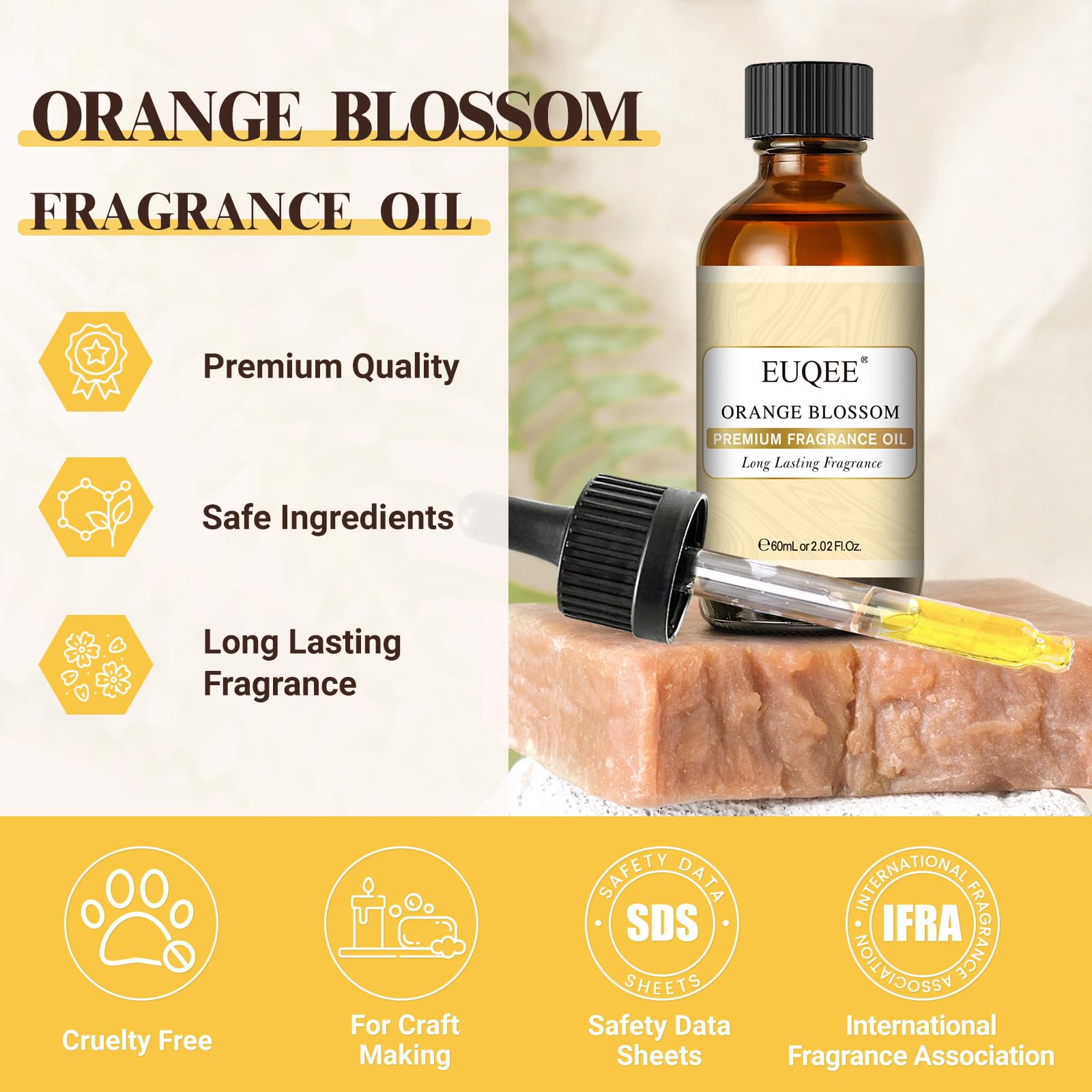 EUQEE huile orange en bouteille verre ambrée, protection efficace contre la lumière.