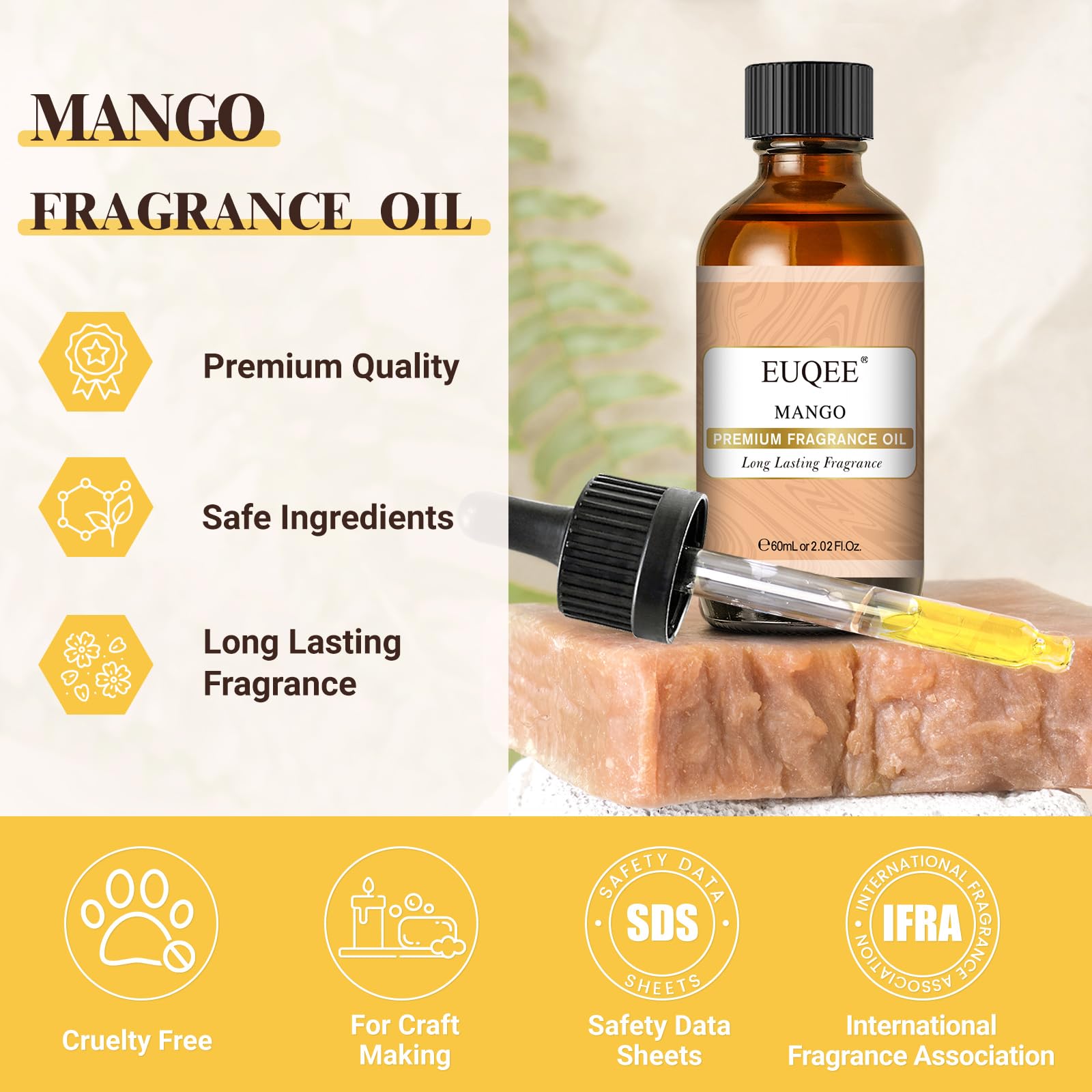 EUQEE parfum mangue – détail de la bouteille ambrée et du bouchon