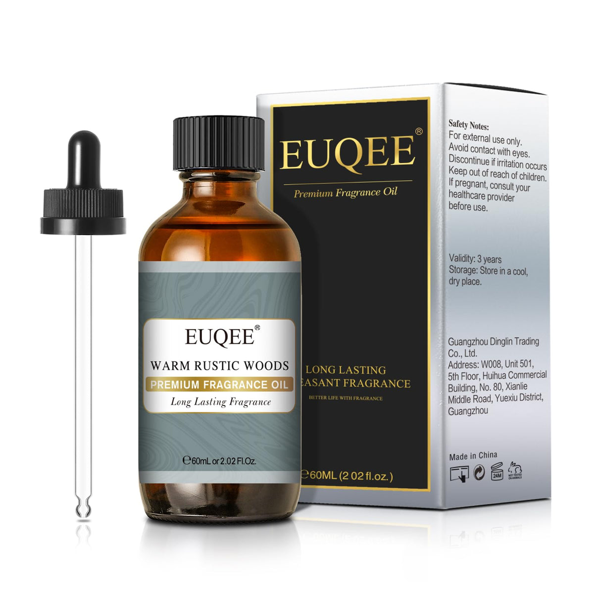 EUQEE Warm Rustic Woods : bouteille ambrée protégeant l’huile et prolongeant l’arôme.