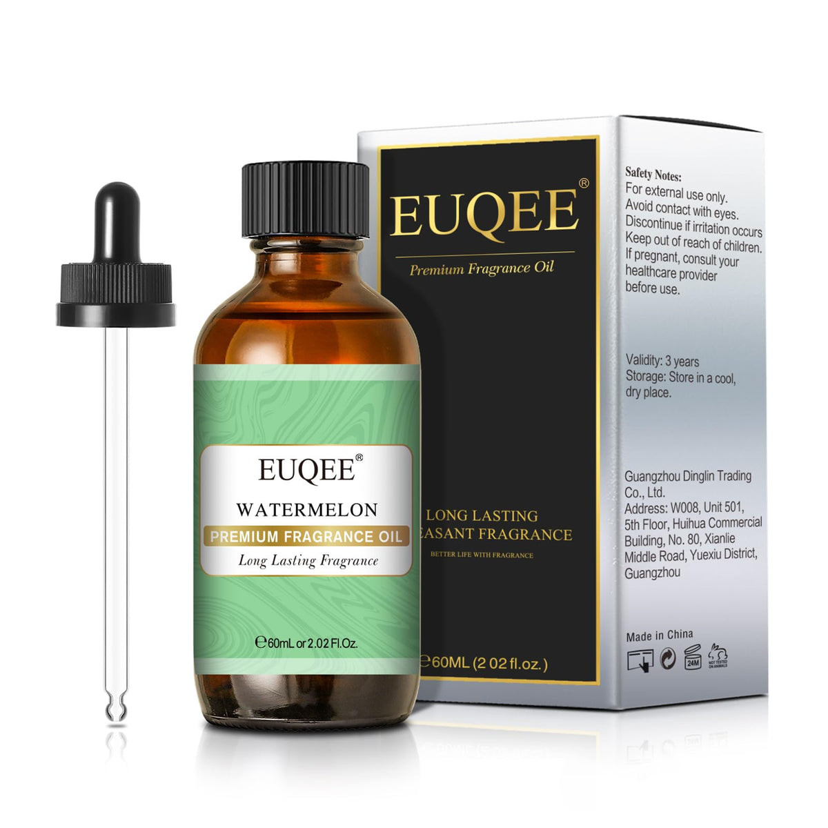 EUQEE Watermelon: bouteille ambrée qui protège l'huile et préserve sa fraîcheur.