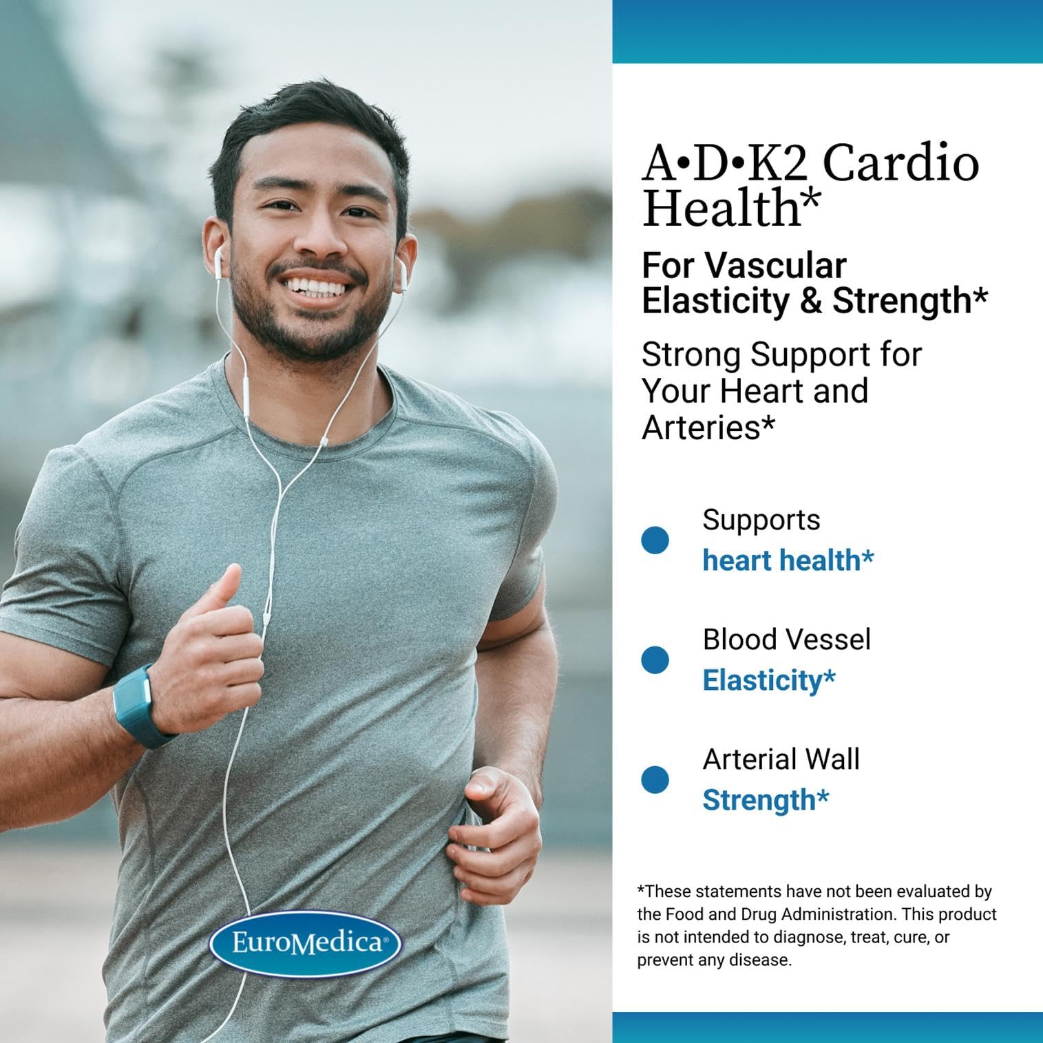 EuroMedica A•D•K2 Cardio Health: composition–vitamines mettant en avant A, D3 et K2.