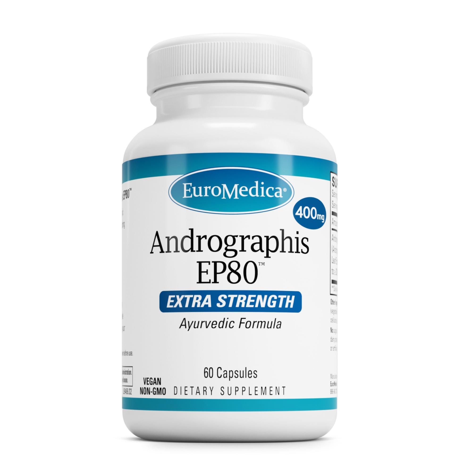 EuroMedica Andrographis EP80, bouteille de 60 capsules, soutien immunitaire potentiel.