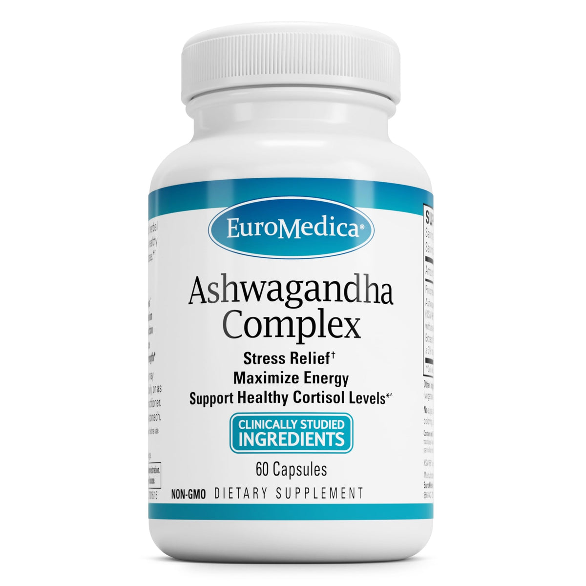 EuroMedica Ashwagandha Complex – bouteille, soutien potentiel pour énergie et concentration