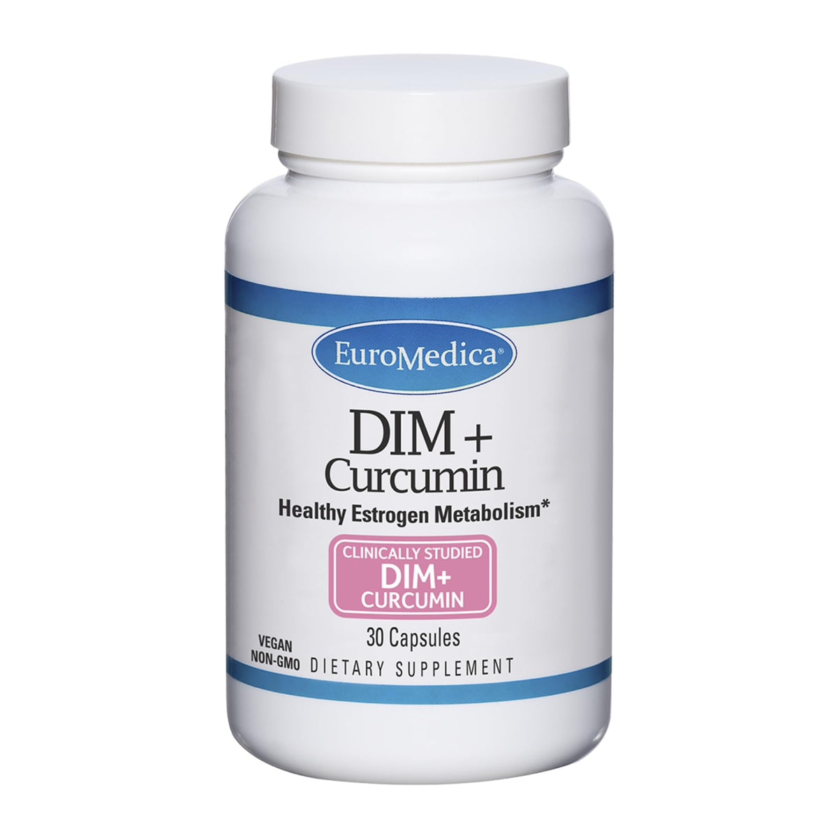 EuroMedica DIM + Curcumin : bouteille et emballage faciles à ranger pour la routine quotidienne.