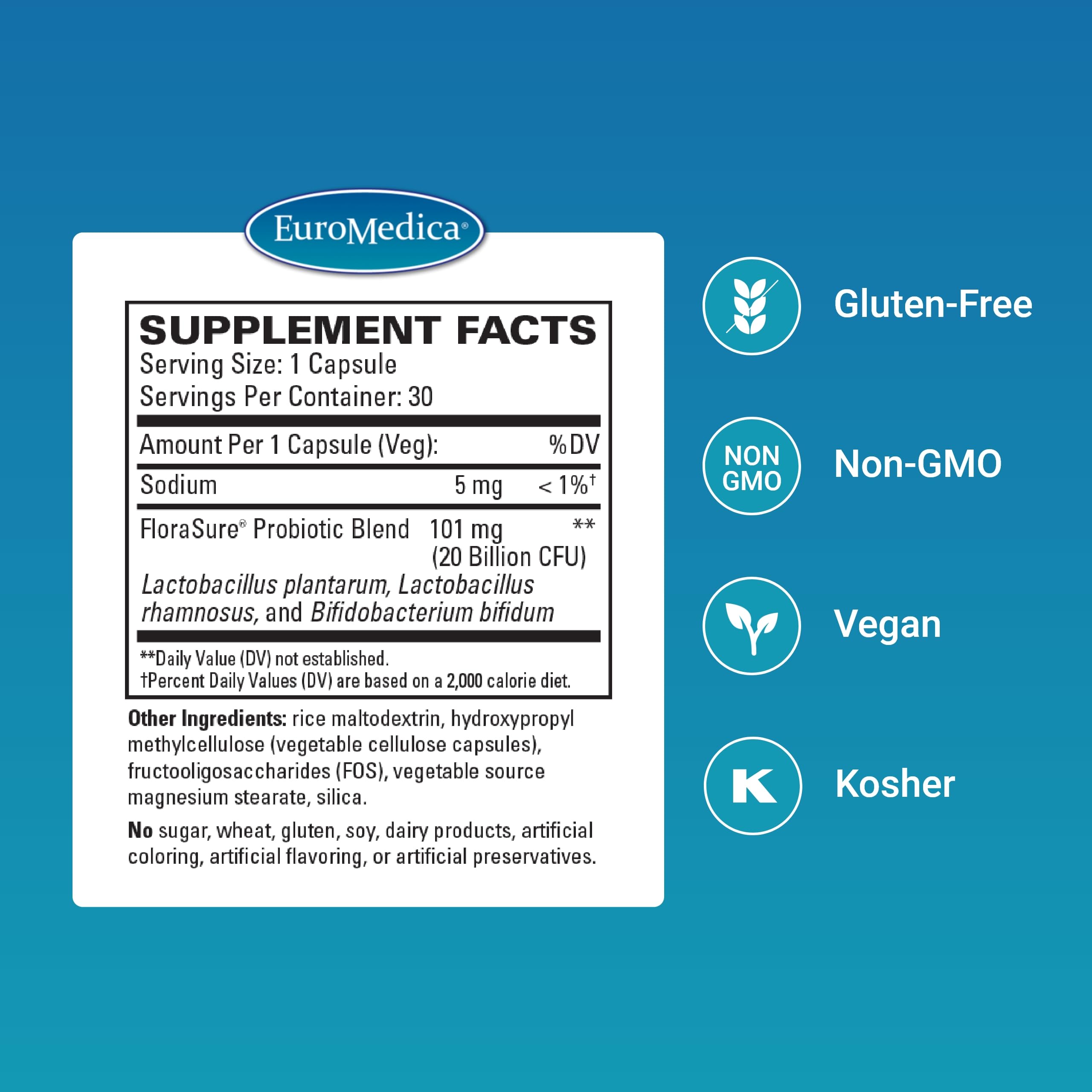 EuroMedica FloraSure Probiotic : Capules digestives, aide occasionnelle à la digestion et au confort.