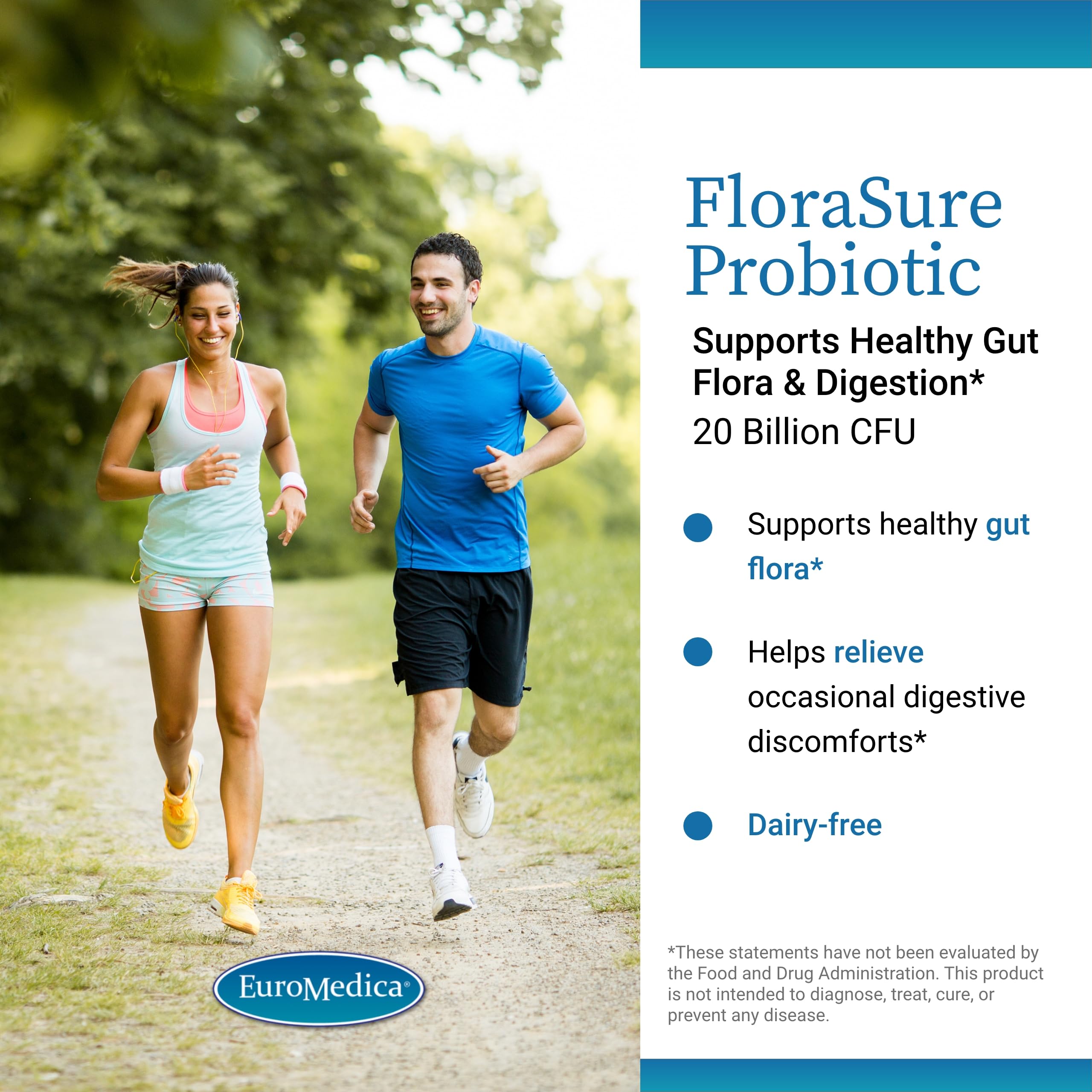 EuroMedica FloraSure Probiotic : Étiquette nutritionnelle claire, conseils pratiques pour l'utilisation.