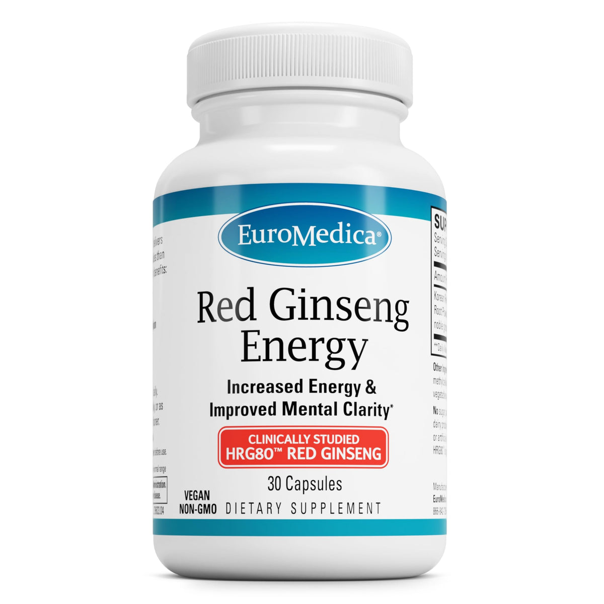 EuroMedica Ginseng Rouge Énergie – bouteille: soutien potentiel d'énergie et concentration.