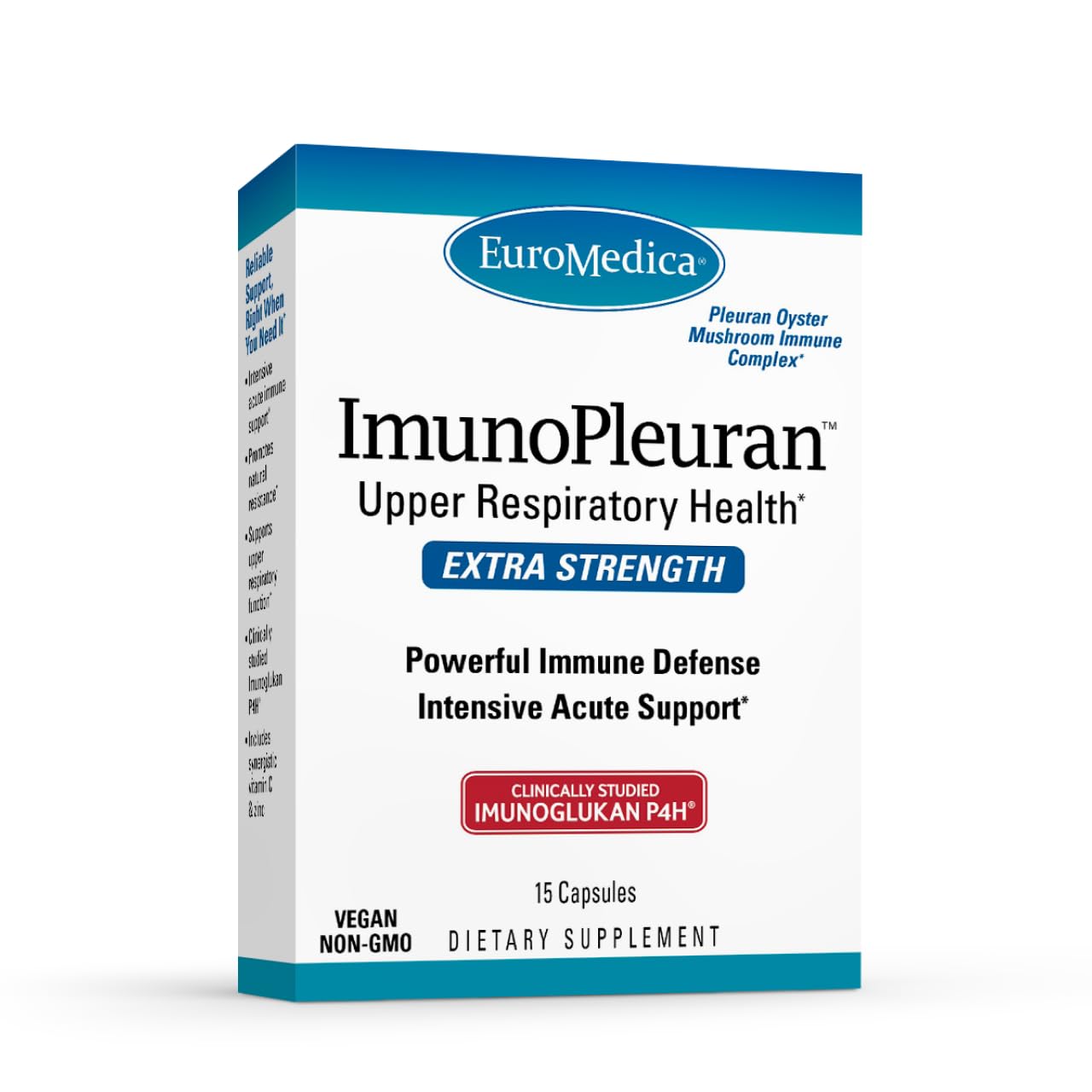 EuroMedica ImunoPleuran, bouteille de capsules, soutien immunitaire potentiel.