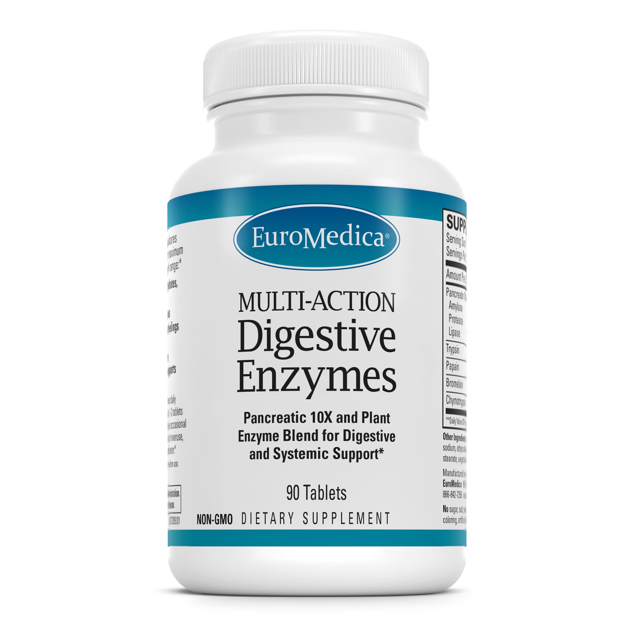 EuroMedica Multi-Action Digestive Enzymes – bouteille et gélules faciles à avaler pour le confort digestif.