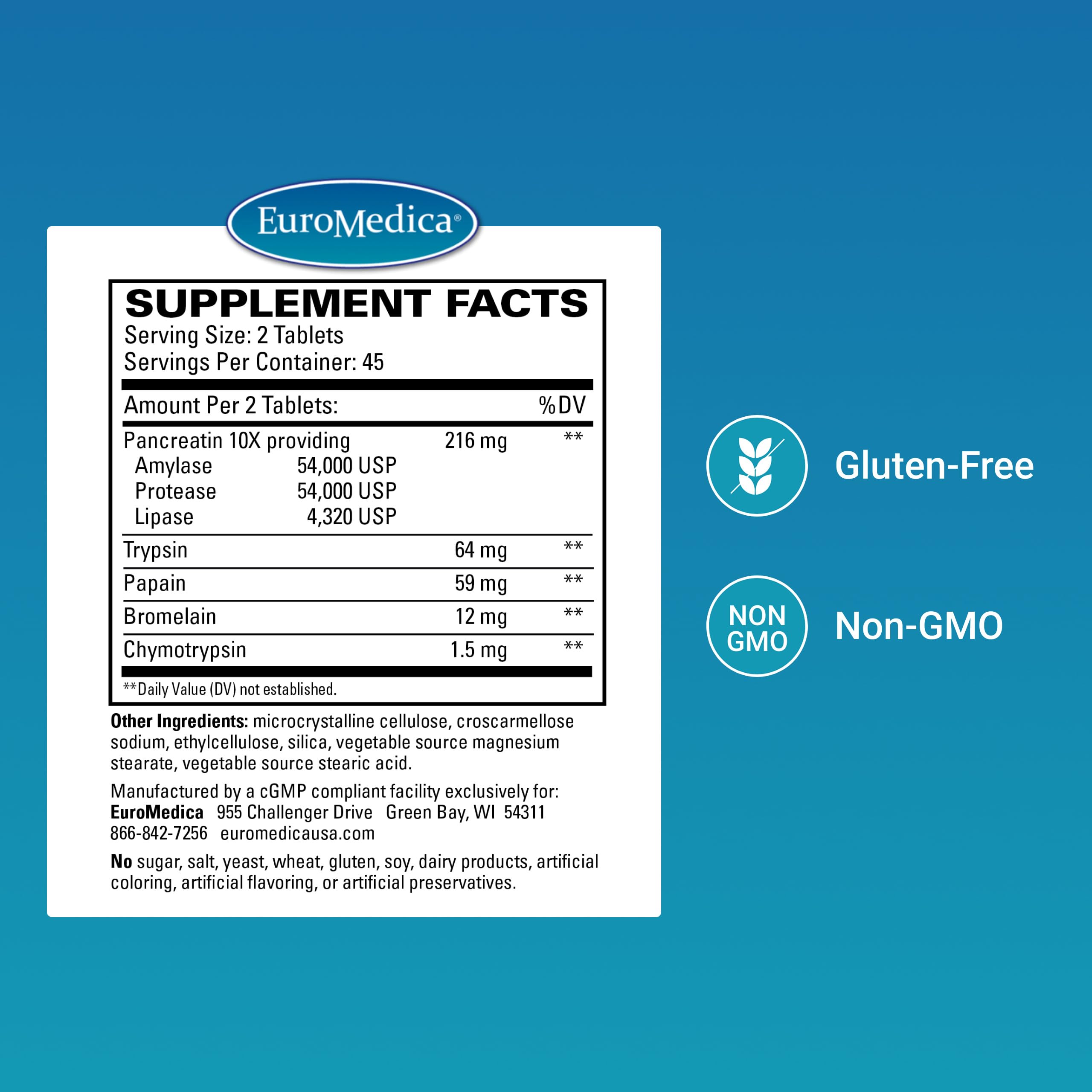 Gélules EuroMedica – flacon mettant en avant les enzymes pour l’absorption des nutriments.