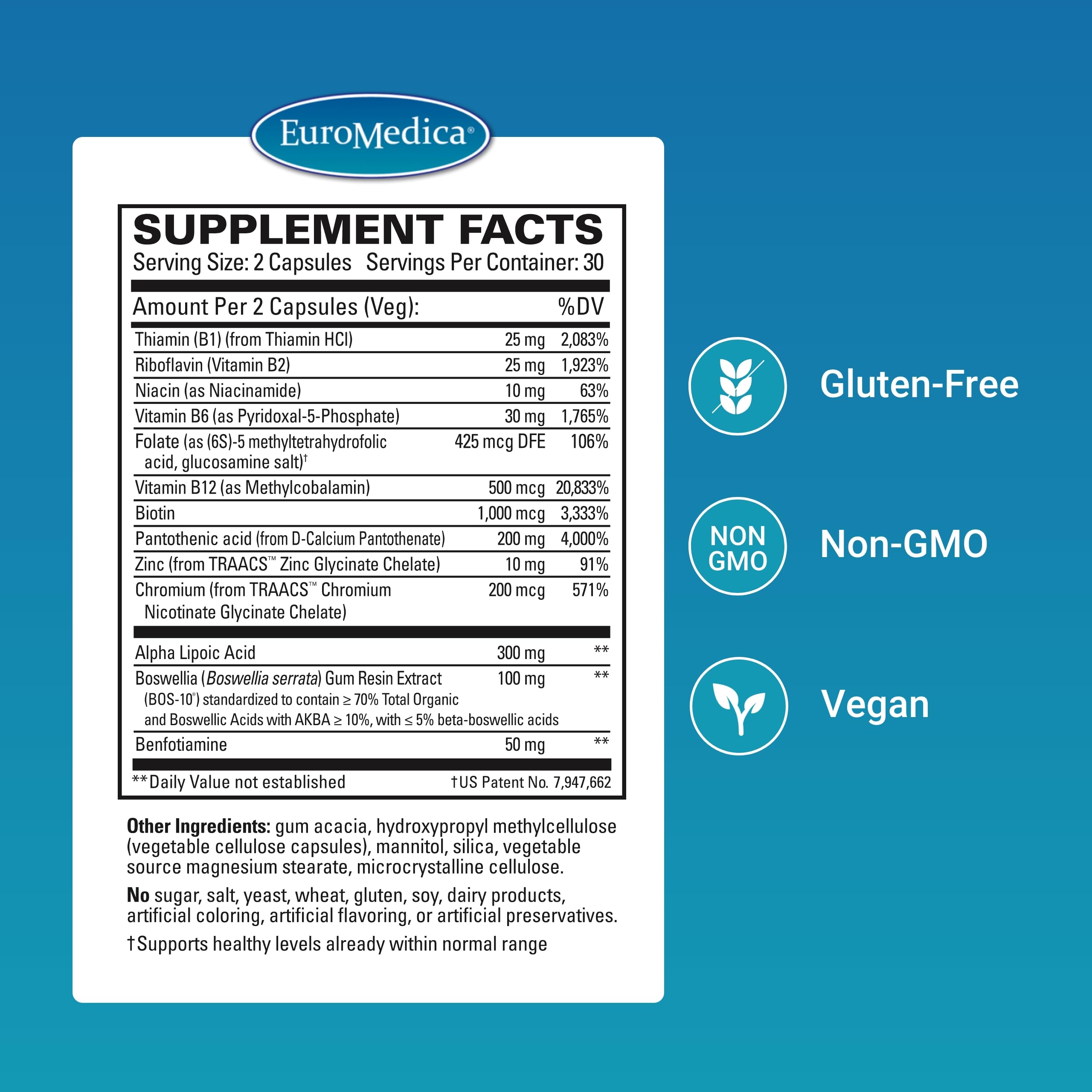 EuroMedica Nerve Complex ingrédients : boswellia et vitamine B6 pour la circulation.