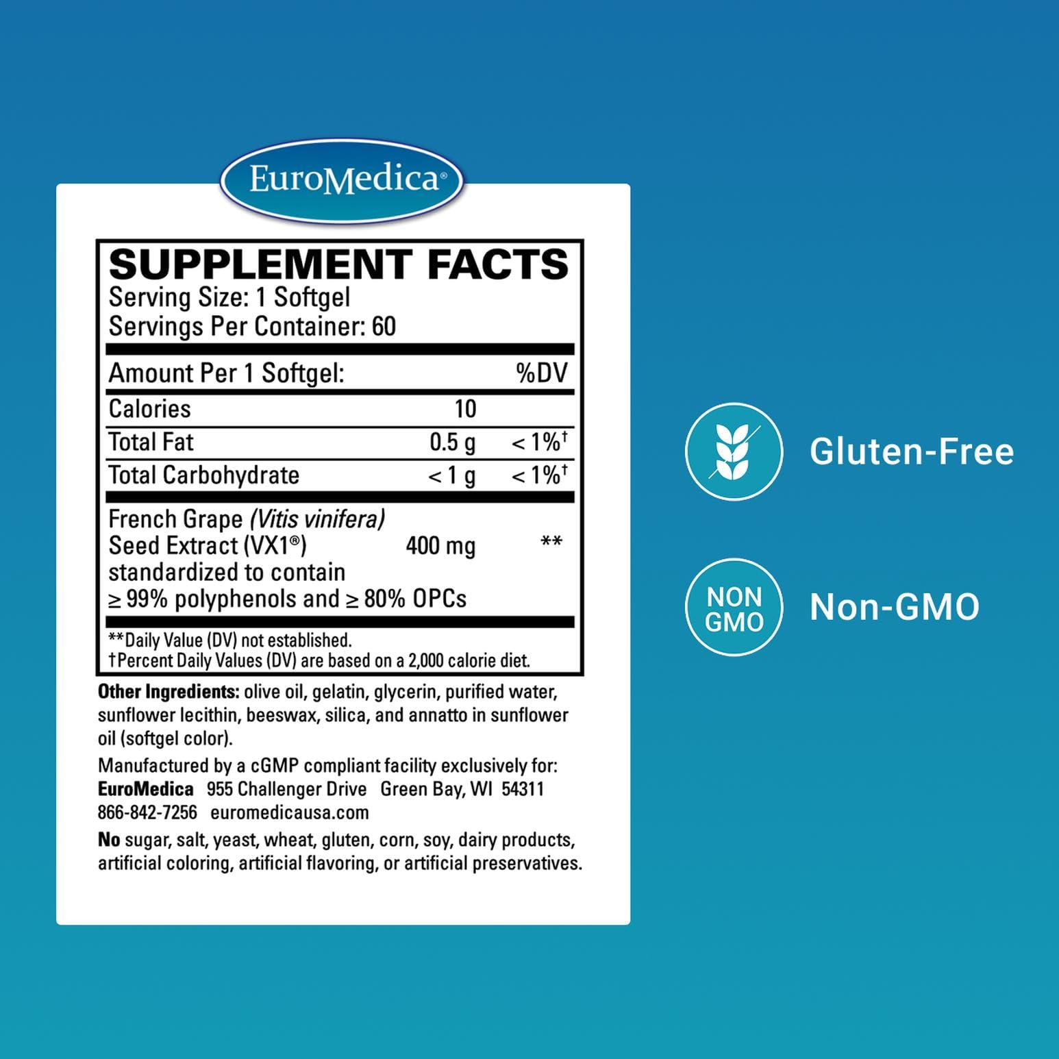 EuroMedica OPC Clinique – étiquette nette montrant ingrédients naturels et bénéfices potentiels.