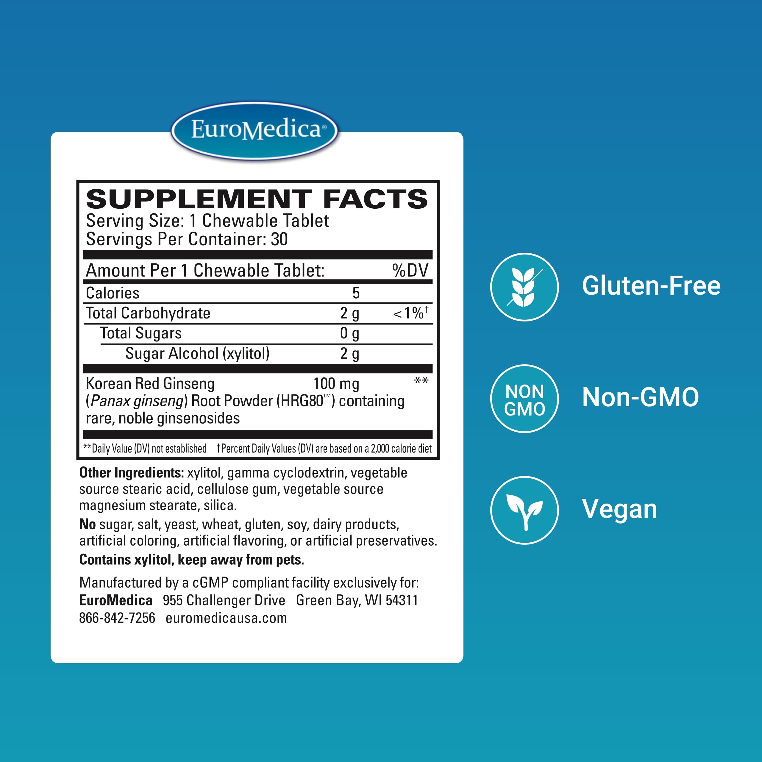 EuroMedica Ginseng Rouge Énergie — comprimés mâchables végan visibles pour énergie durable