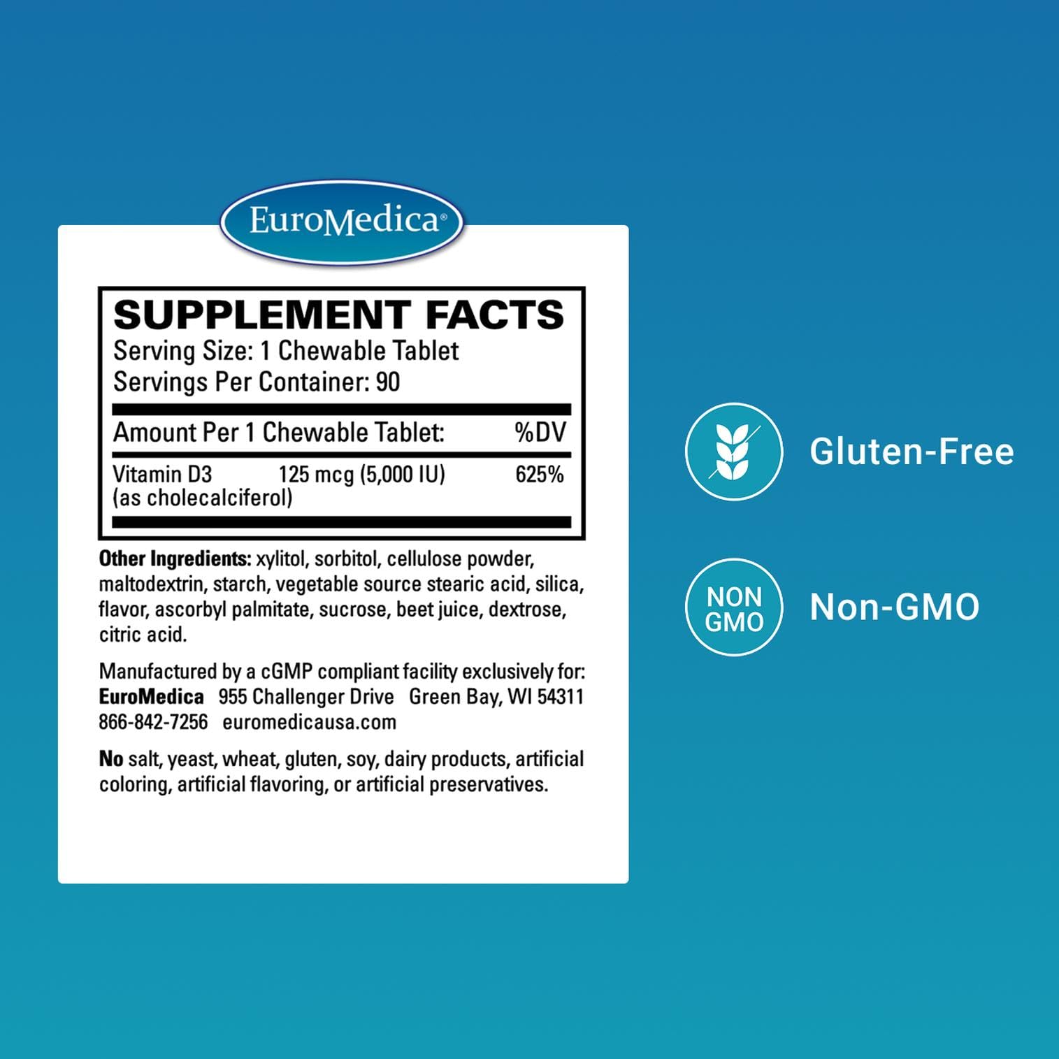 EuroMedica vitamine D3: comprimés à mâcher, format pratique