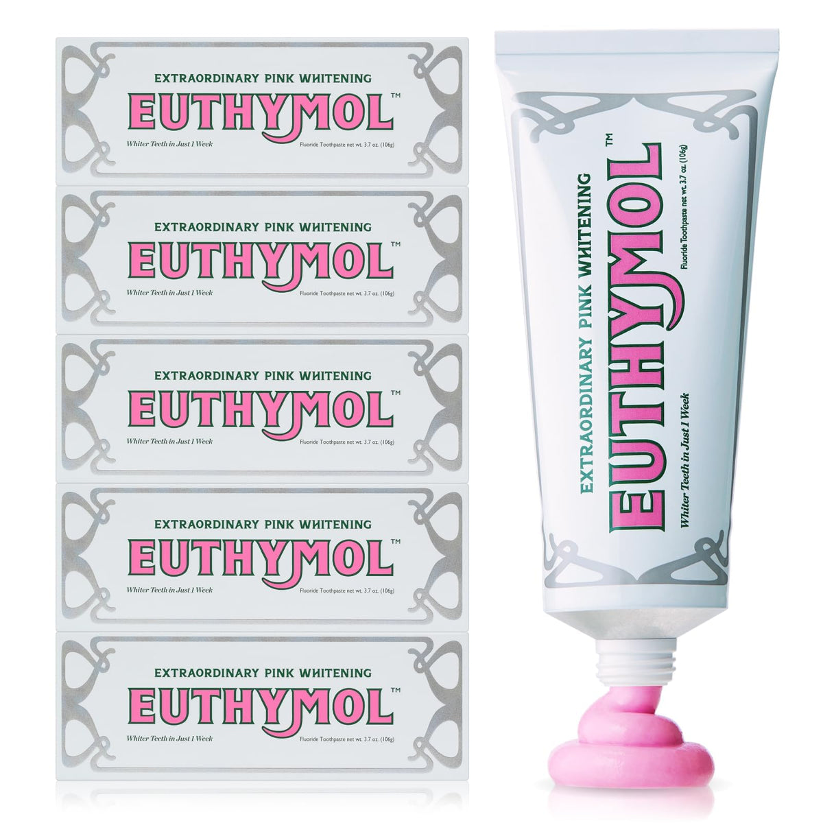 Dentifrice EUTHYMOL en tube aluminium, emballage recyclable et élégance durable.